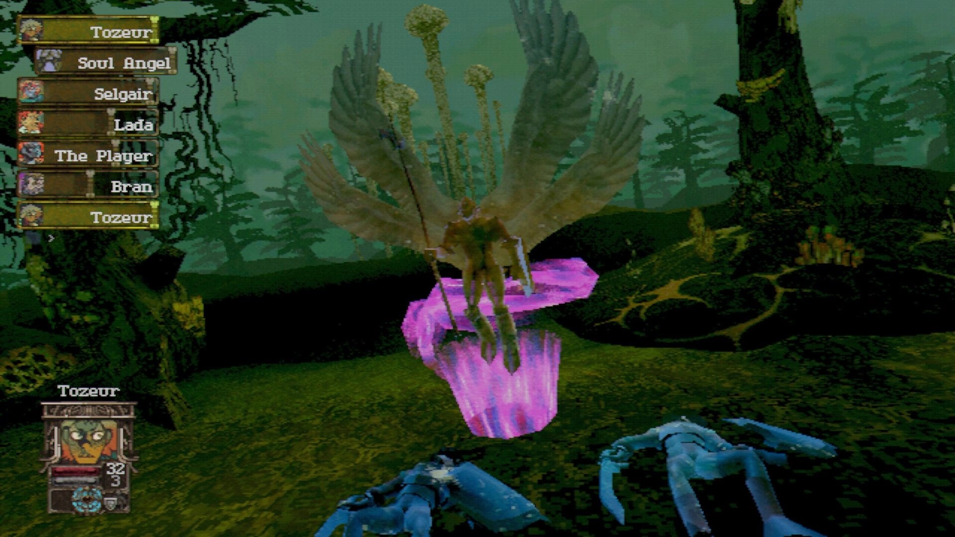 Entropy: Turn-based battle UI with party list facing a winged angel above purple flames in a forest.