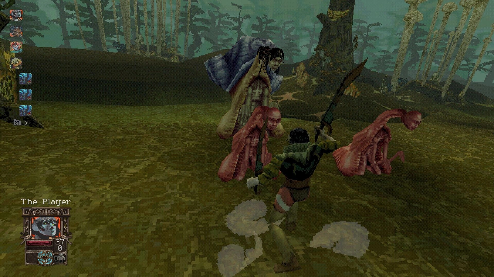 Entropy: Turn-based battle as spear fighter faces two pink enemies in a misty forest clearing.