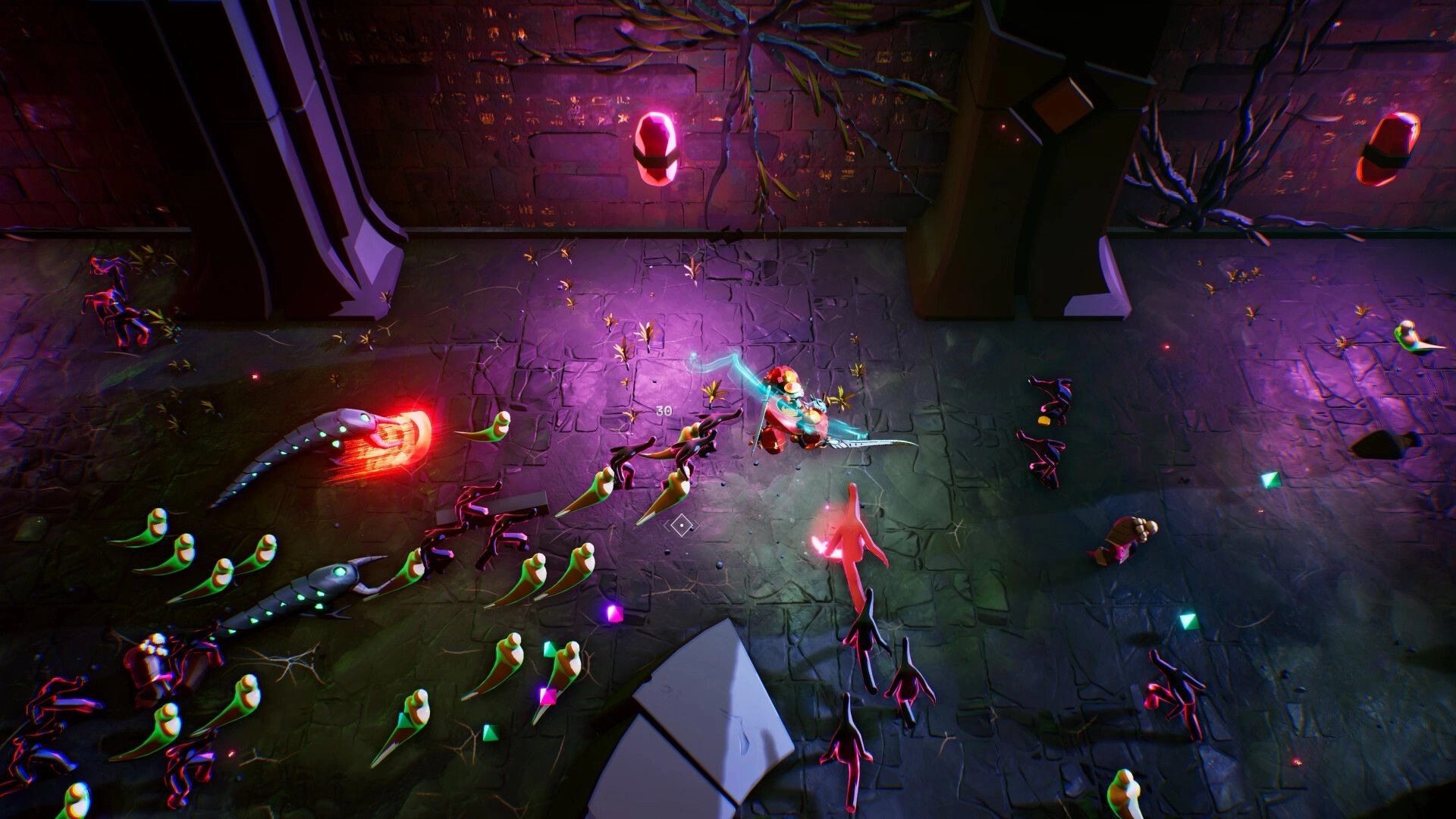 Entropy Survivors: Space frog and mech battle enemies in a glowing cave with scattered power-ups
