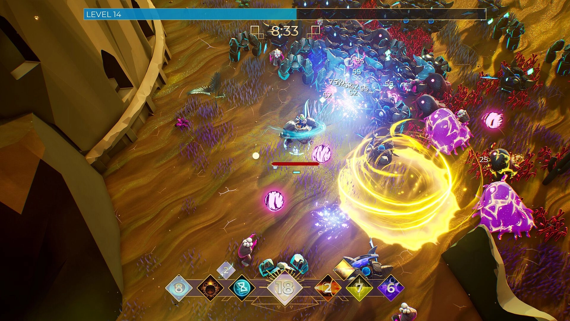 Entropy Survivors: Mech and space frog battling enemies in alien landscape with ability icons displayed