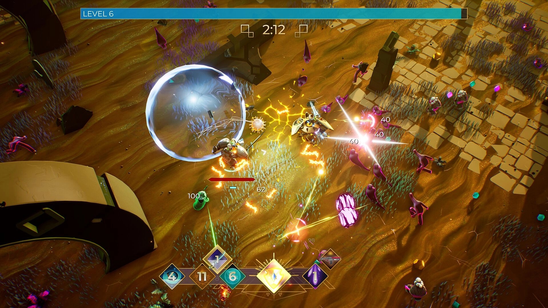 Entropy Survivors: Mech and frog in desert battle, surrounded by enemies and using special abilities