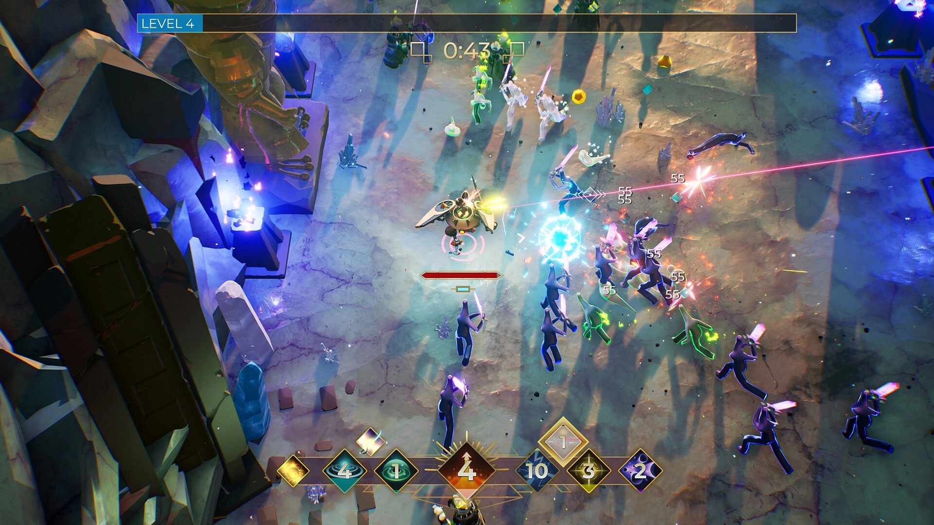 Entropy Survivors: Mech battles enemies in a rocky arena with vibrant light effects and UI elements visible.