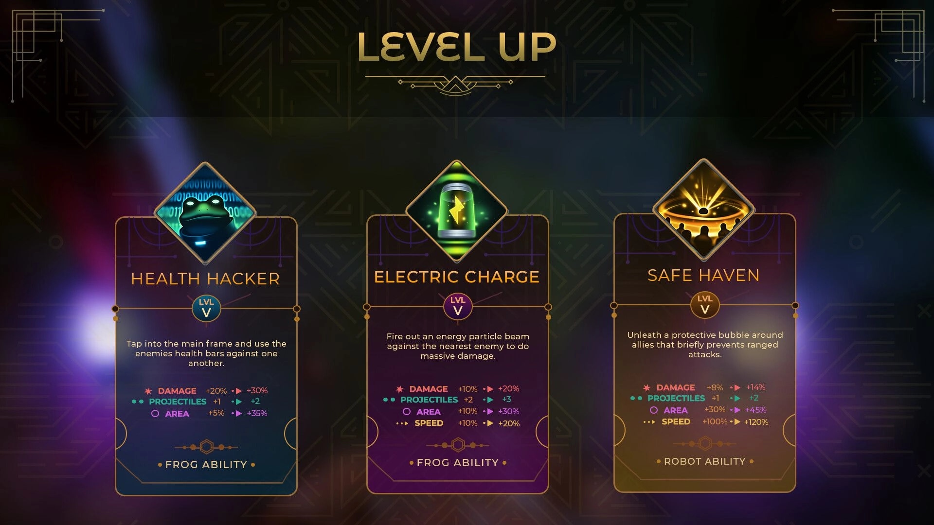 Entropy Survivors: Level up screen with abilities Health Hacker, Electric Charge, and Safe Haven options.