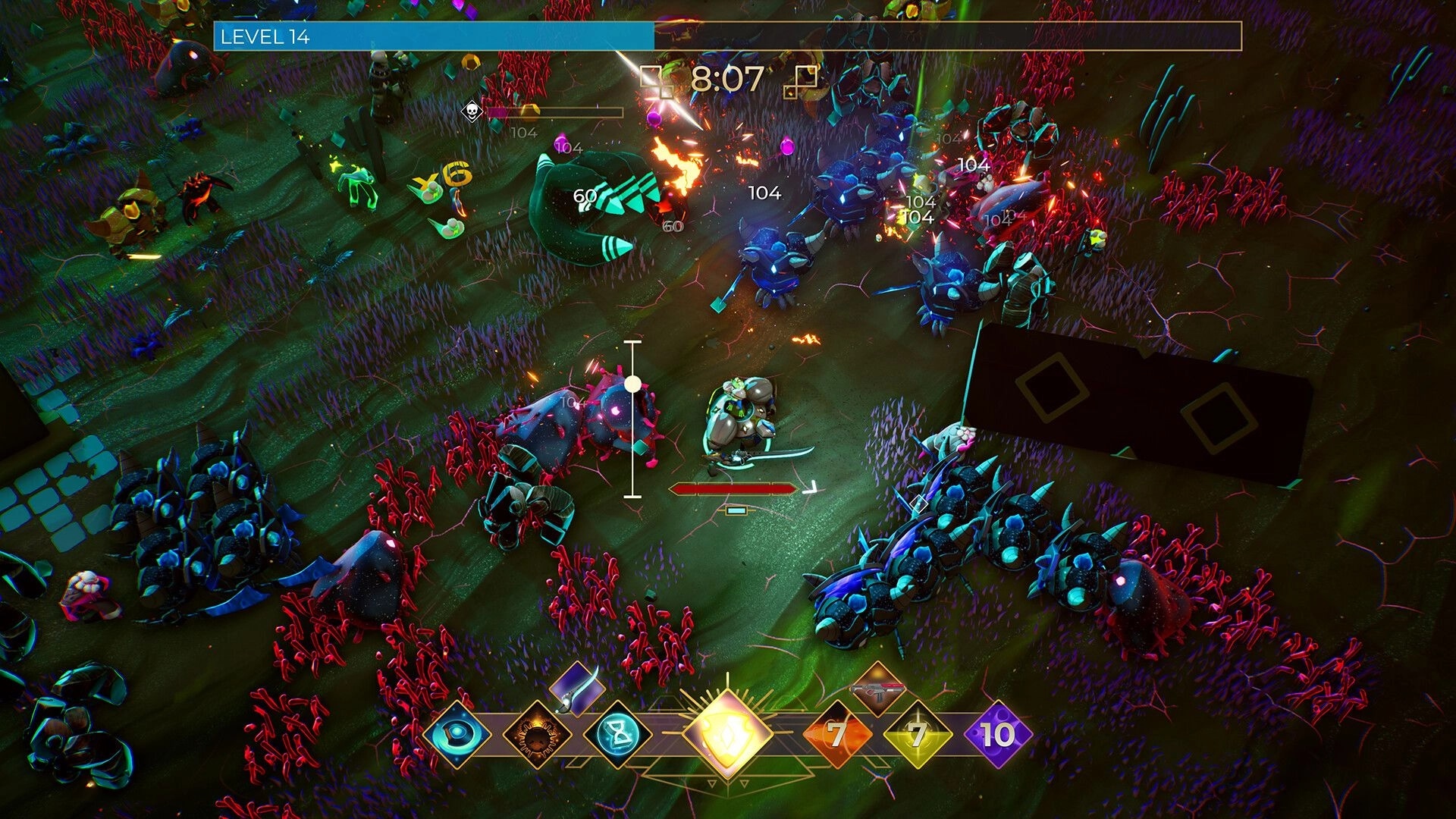 Entropy Survivors: Mech and space frog battle enemies in a colorful alien landscape with UI icons visible.