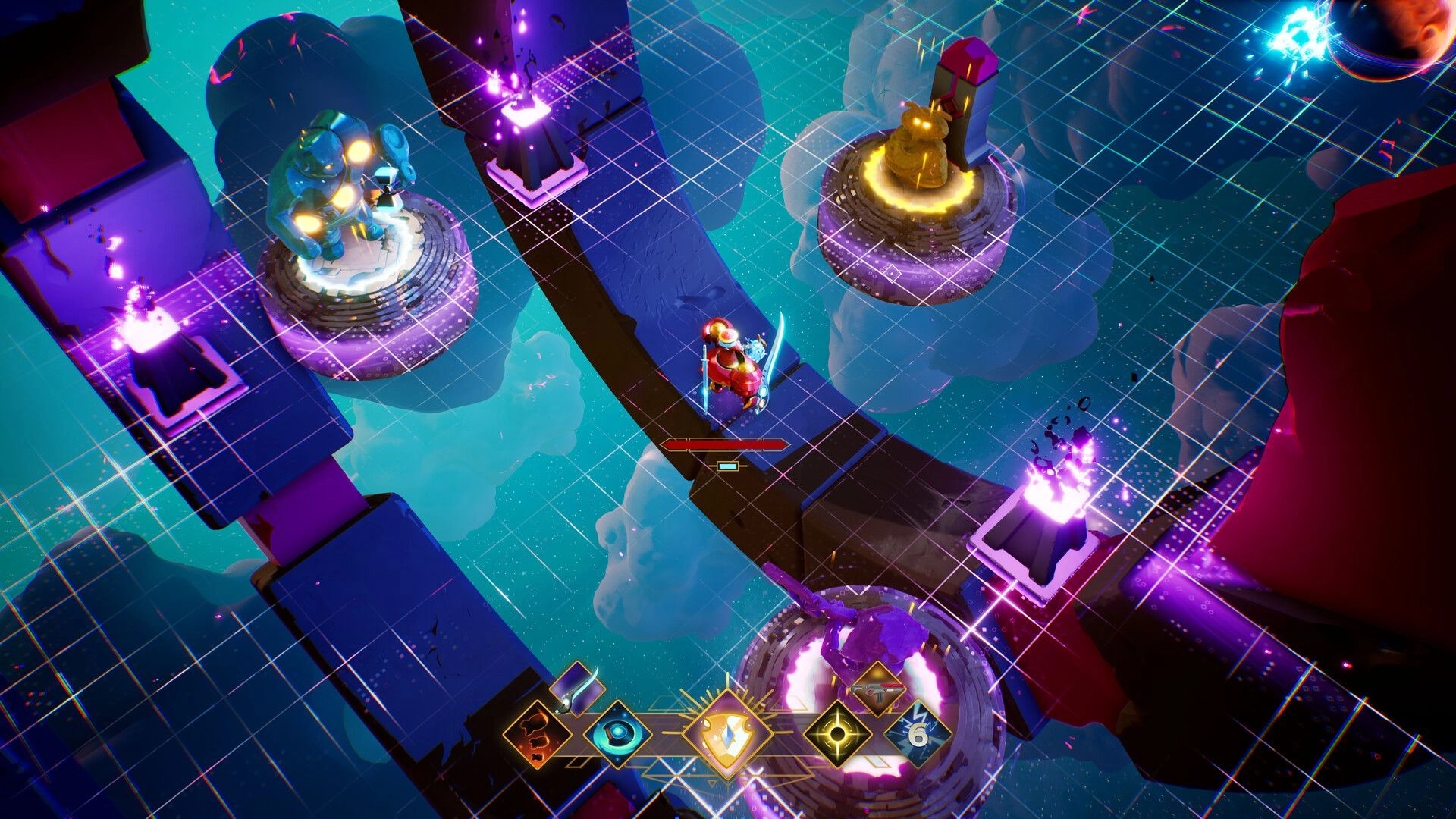 Entropy Survivors: Mech navigating a glowing pathway with vibrant altars floating in a cosmic grid environment.