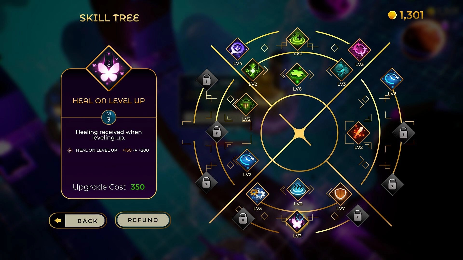 Entropy Survivors: Skill tree interface showing "Heal on Level Up" upgrade option and ability icons.