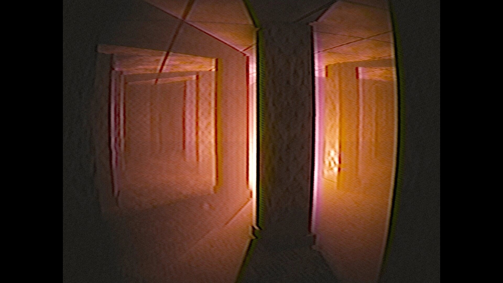 ENTRY_13: First-person view down a warped, grainy hallway with doorways and pink VHS lighting.