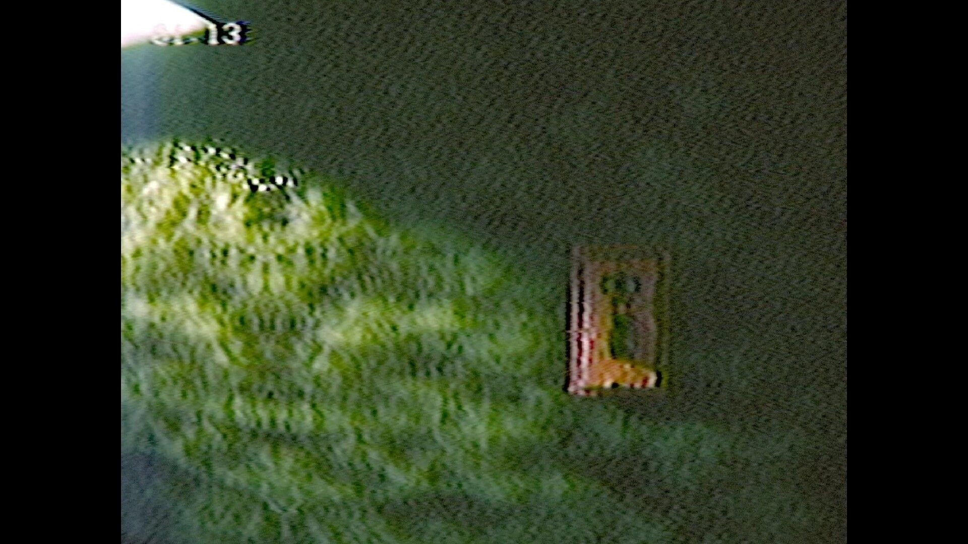 ENTRY_13: Grainy VHS view of a small door in a dark wall, green haze spreading across corridor.