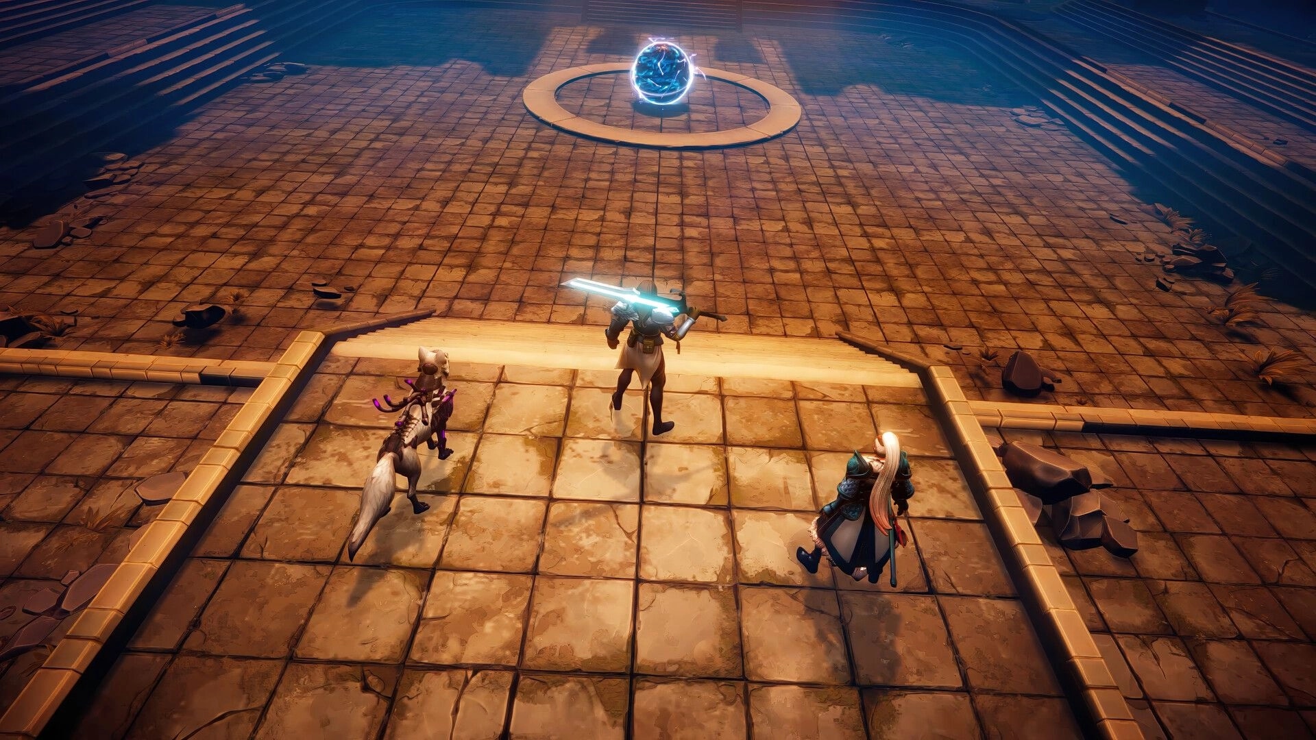 Eon Rush: Three heroes approach a glowing orb arena in a cracked stone courtyard with steps.