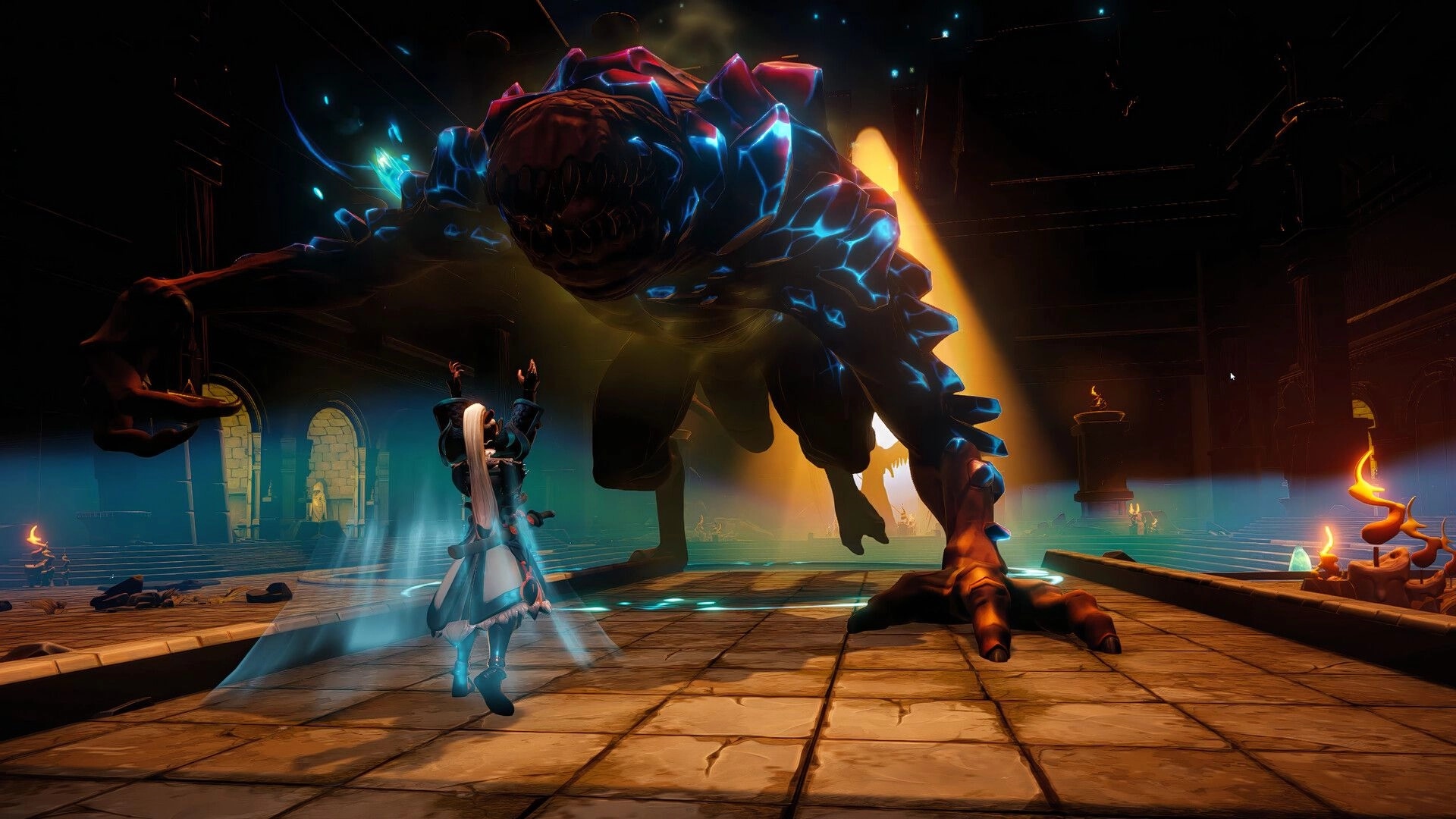 Eon Rush: Mage raises hands to face a towering glowing beast in a torchlit stone temple arena.