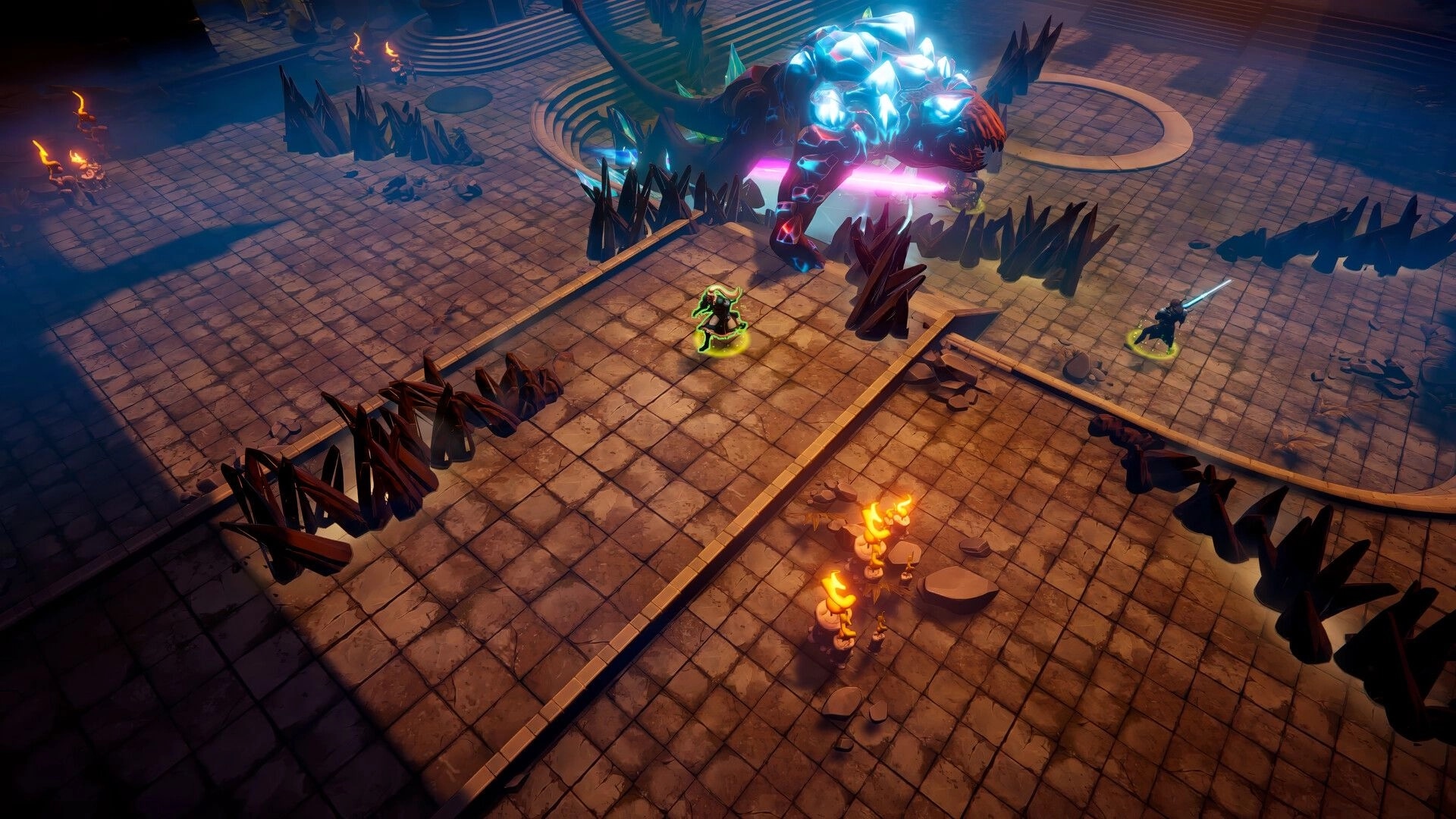 Eon Rush: Two heroes face a glowing crystal beast boss in a tiled arena with jagged spikes and torches.