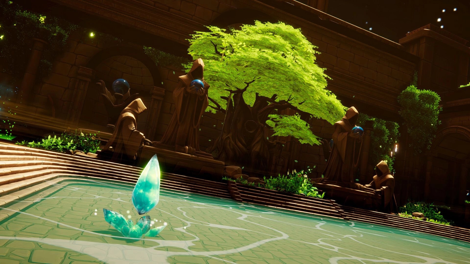 Eon Rush: Glowing blue crystal sprouts in a stone courtyard with robed statues and a bright tree.