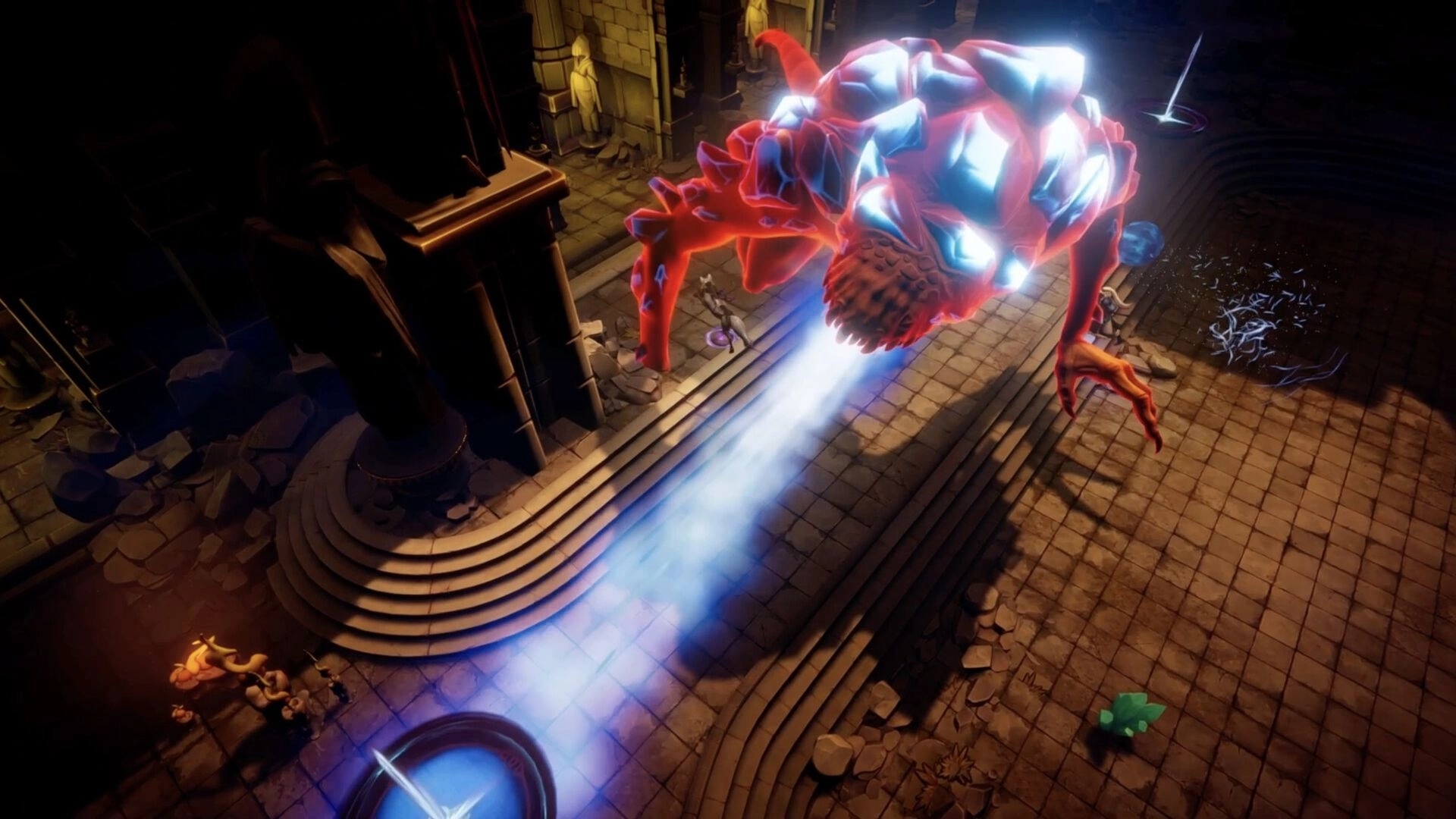 Eon Rush: Giant glowing insect boss firing a beam attack in a ruined stone temple corridor.