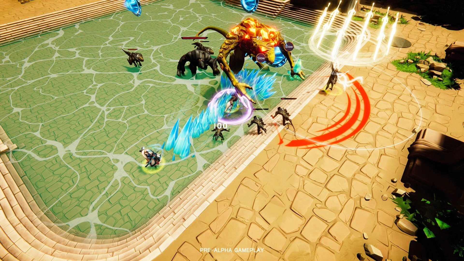 Eon Rush: Co-op heroes battle a molten giant as ice spikes and red telegraphs fill a tiled arena.
