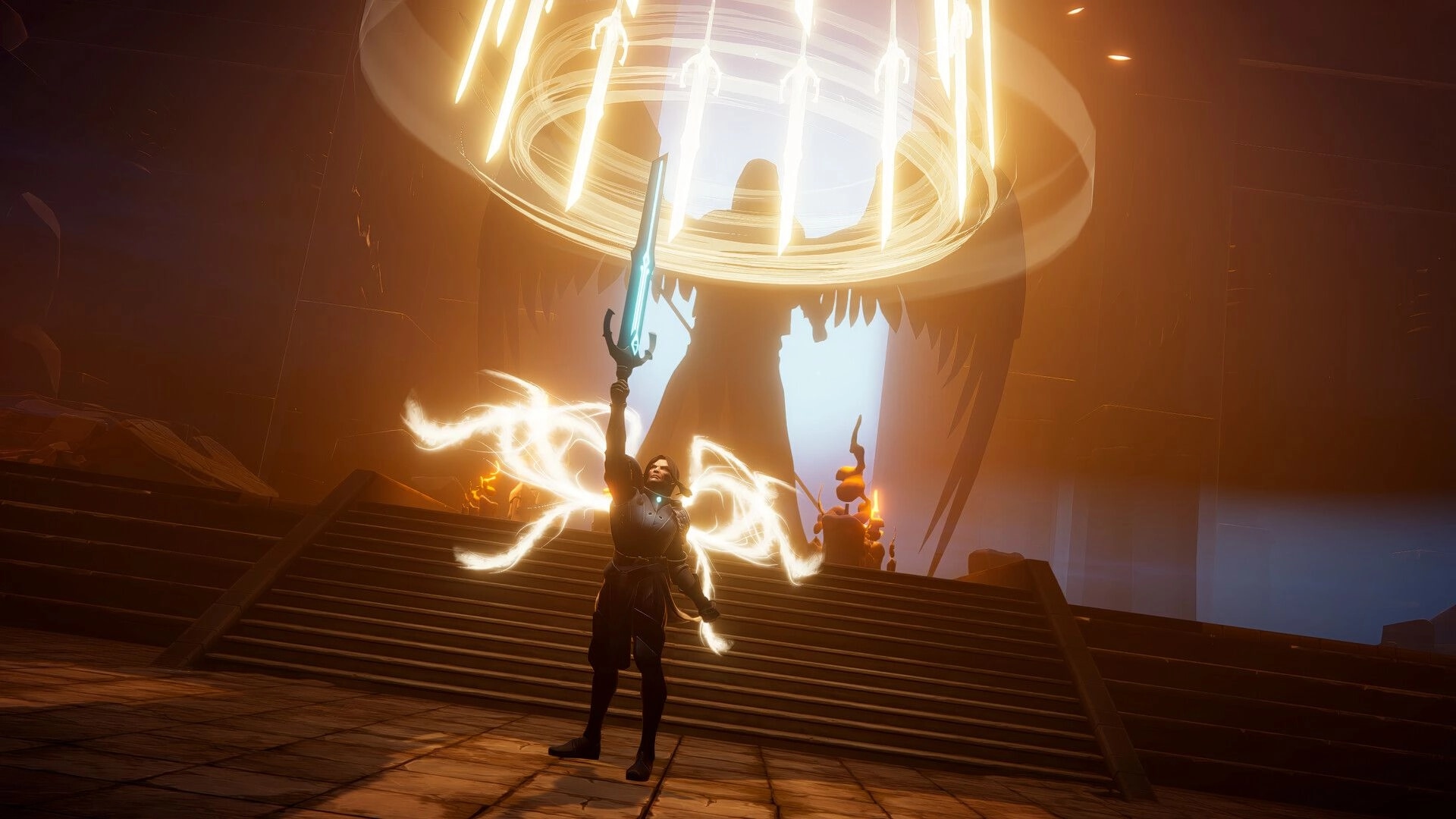 Eon Rush: Hero raises glowing sword under golden portal in massive temple hall with stairs.