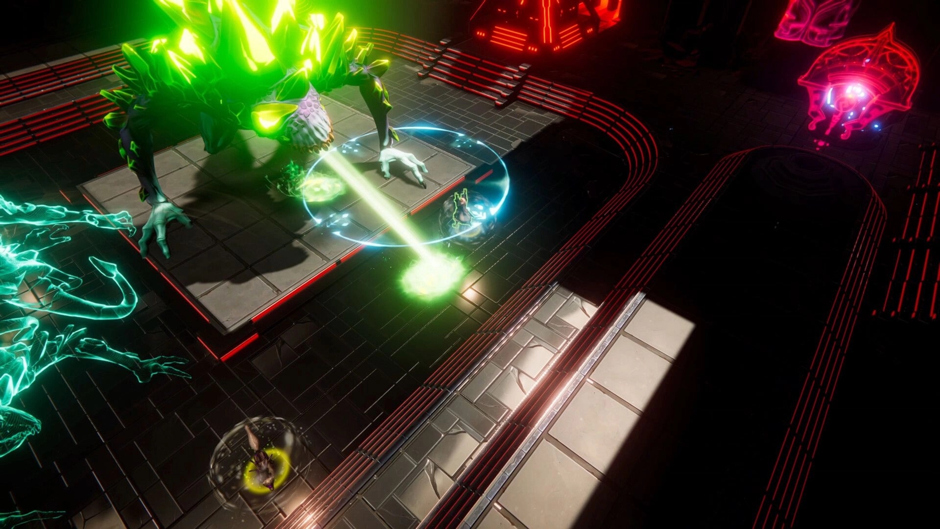 Eon Rush: Hero dodges green laser from crystal beast boss in neon sci-fi arena with glowing sigils.