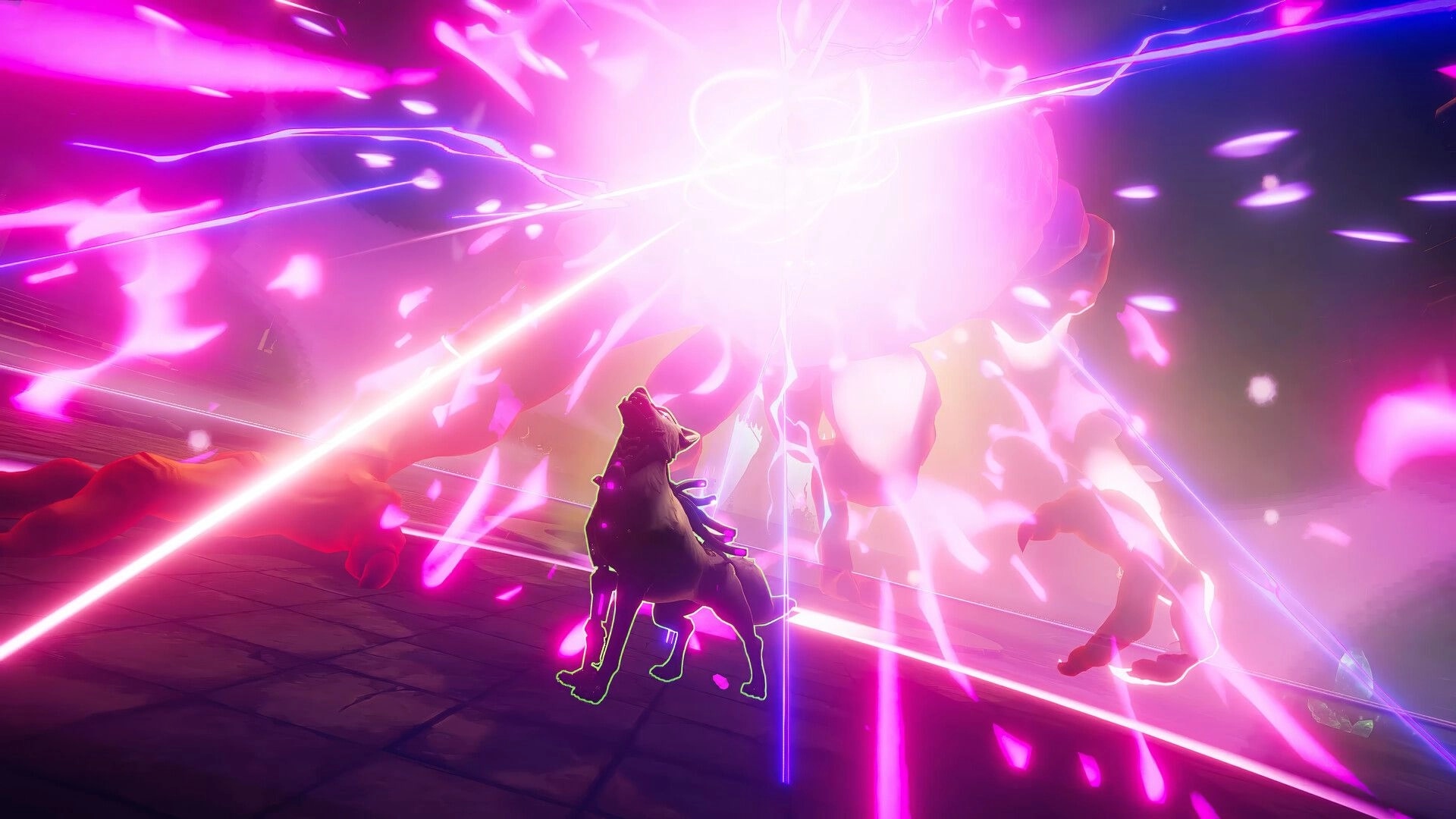 Eon Rush: Wolf-like hero faces a blinding pink energy blast in a dark stone arena fight.