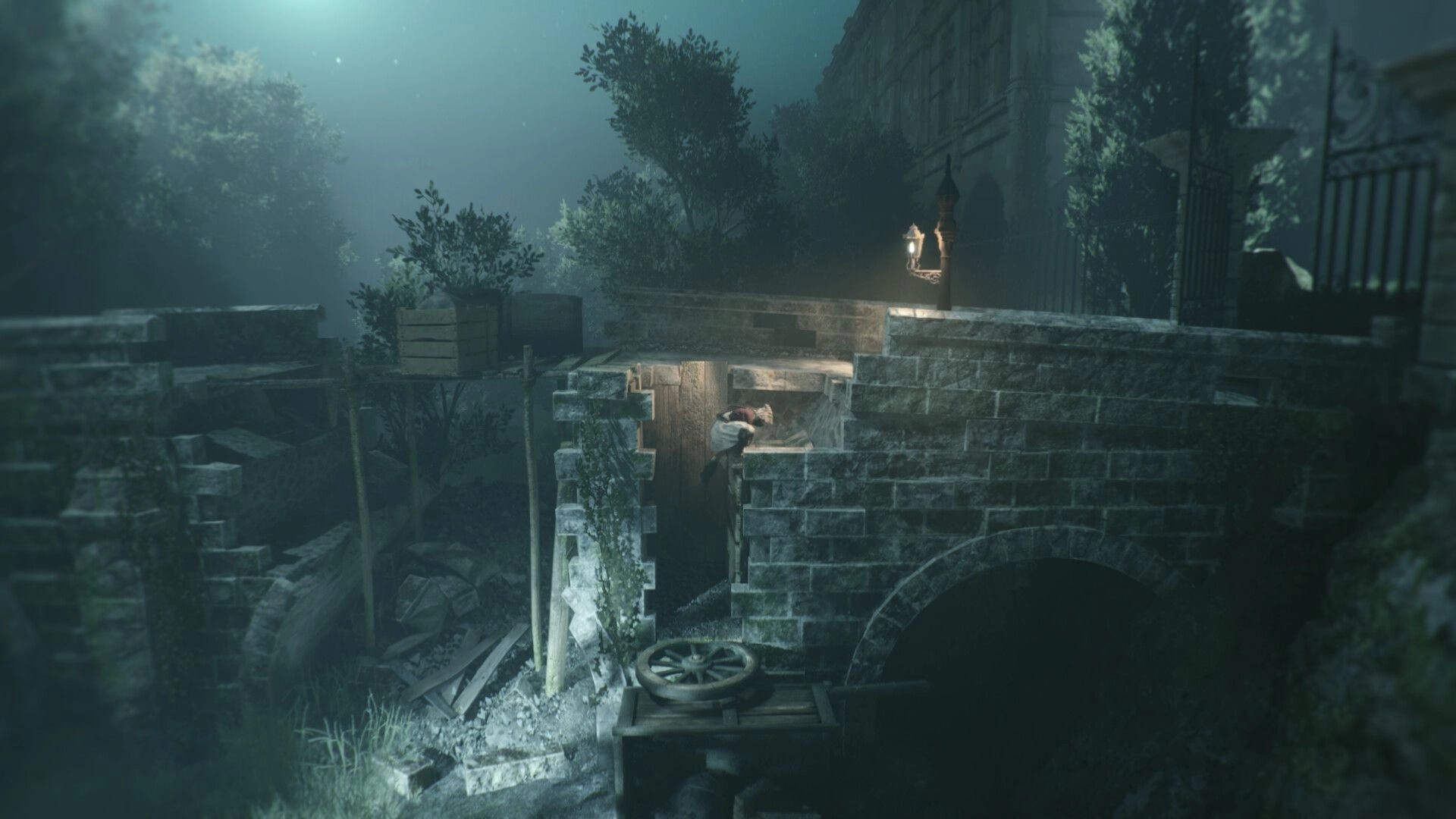 EONA: Player climbs through a broken stone wall by a canal under moonlit fog near castle ruins.