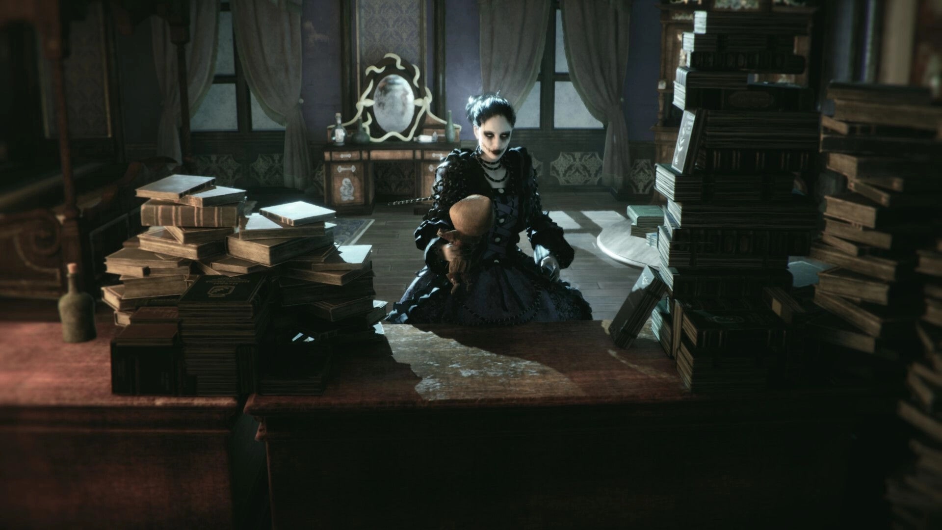 EONA: Pale gothic woman cradling a doll amid towering book stacks in a dim castle study room.