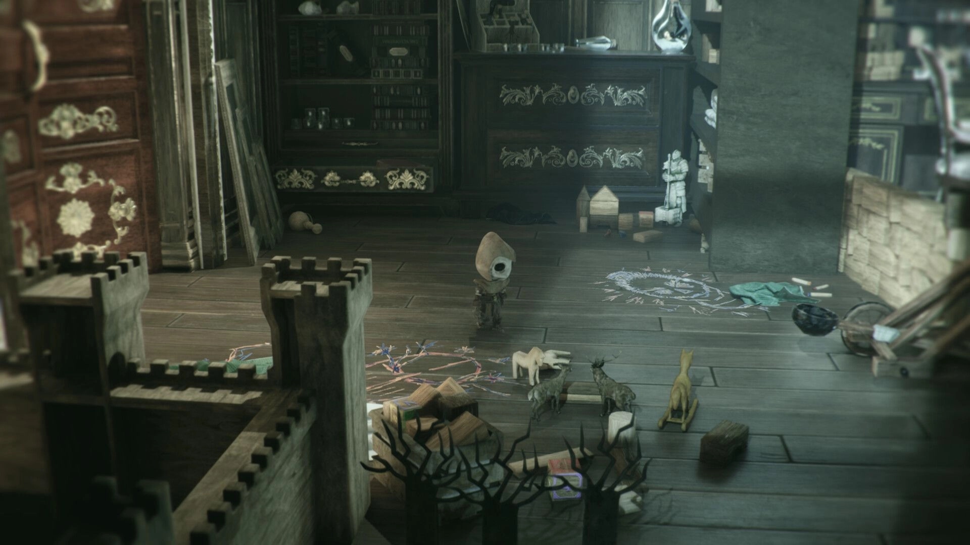 EONA: Hooded doll-like character stands by chalk circles and toy animals in a cluttered room.