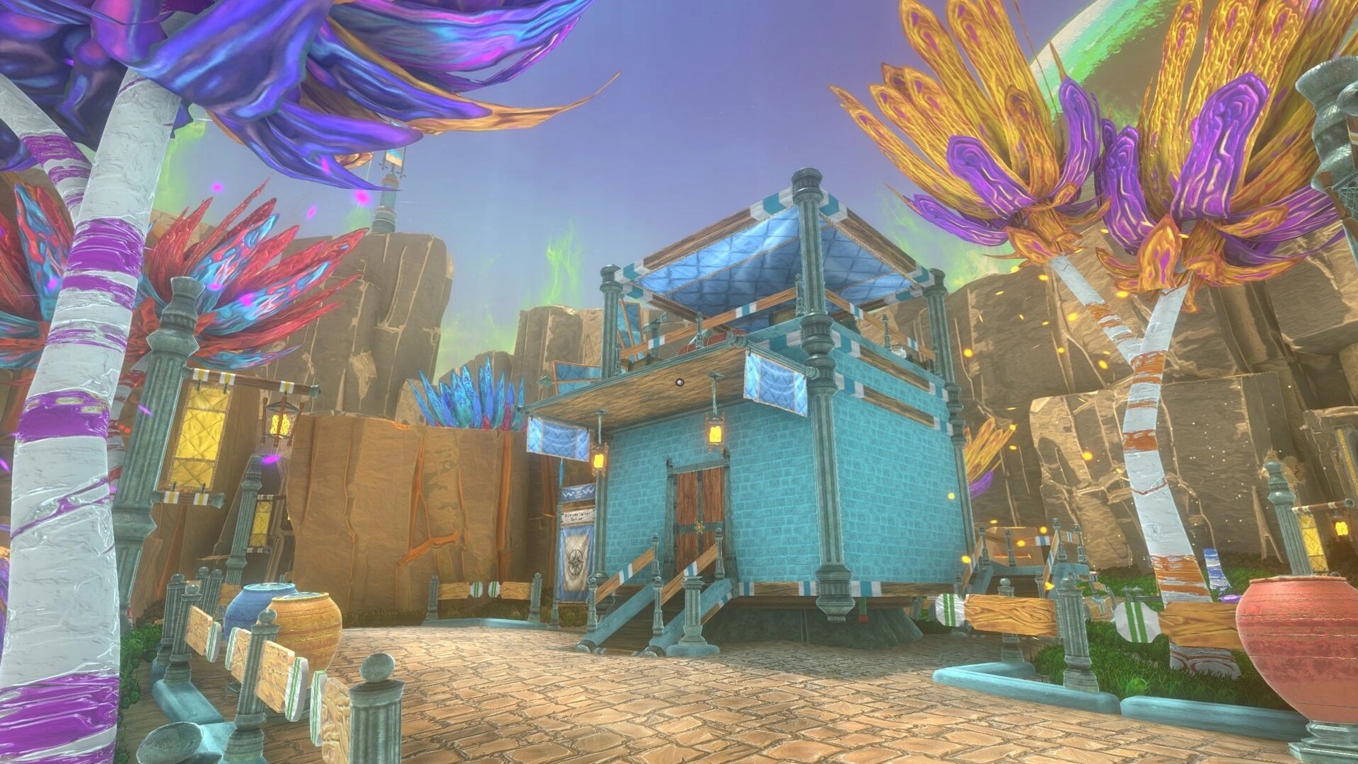 EONIA Revelations: Vibrant village scene with colorful alien trees and a blue stone building