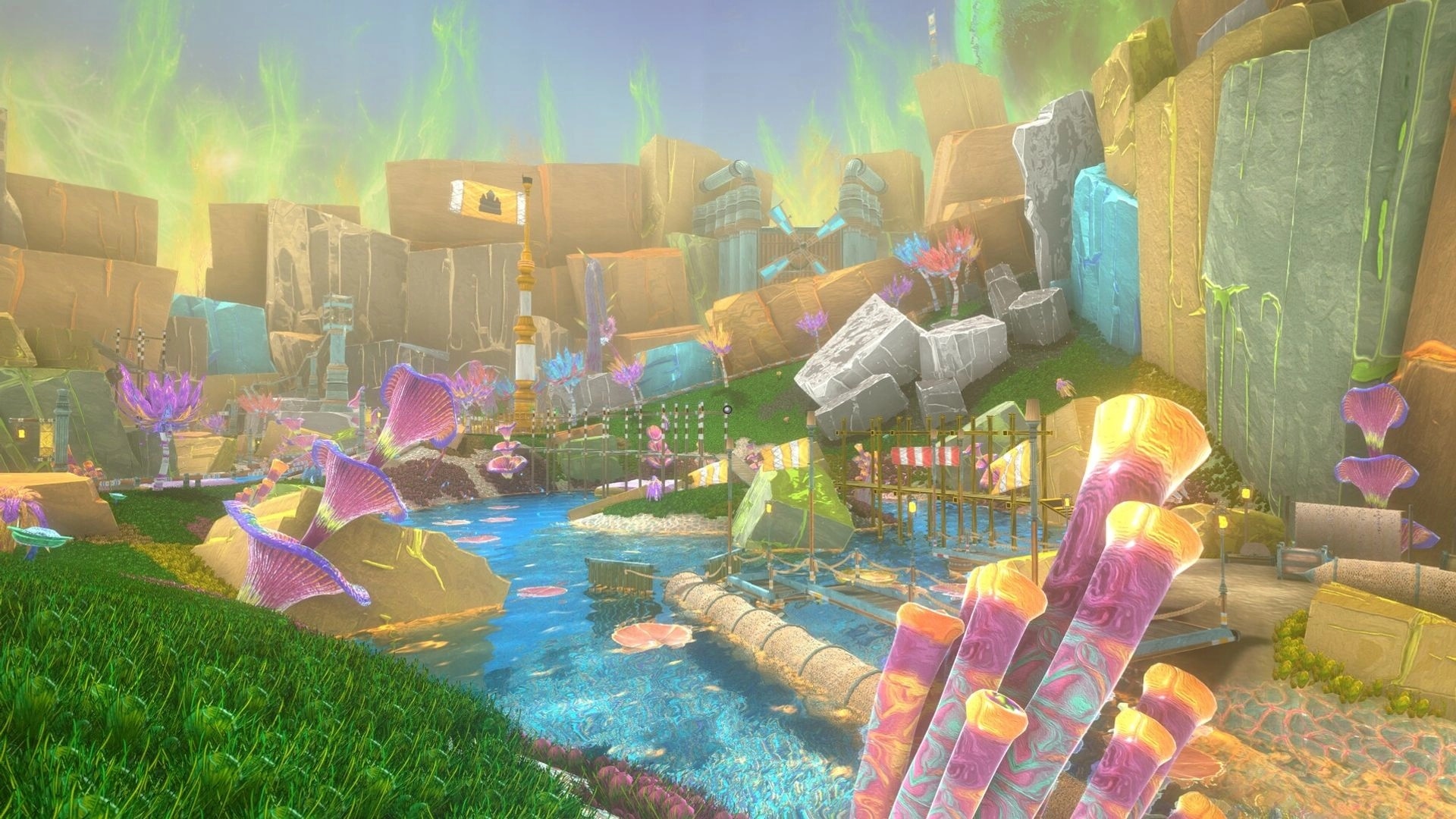 EONIA Revelations: Exploring vibrant alien landscape with colorful flora and flowing river in fantasy realm