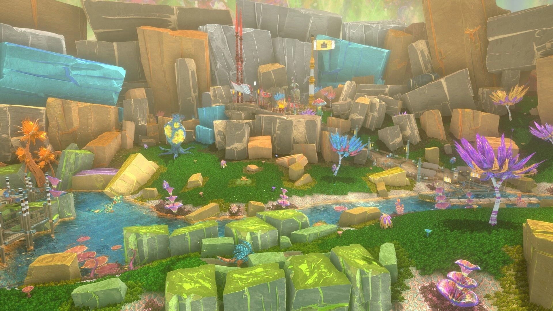 EONIA Revelations: Vibrant fantasy landscape with colorful plants and rocky formations by a serene river.
