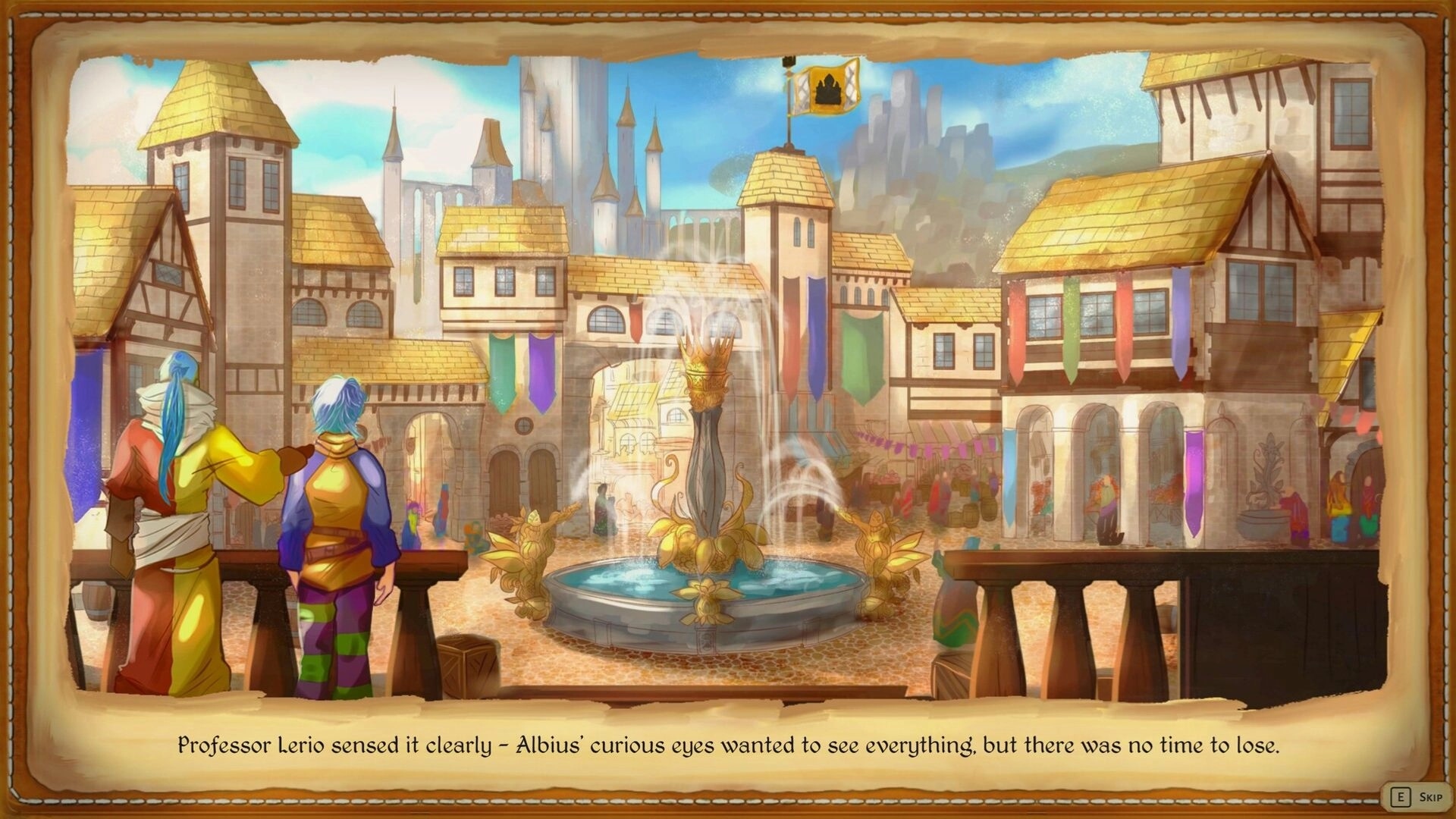 EONIA Revelations: Professor Lerio and Albius gaze at bustling medieval town square with central fountain.
