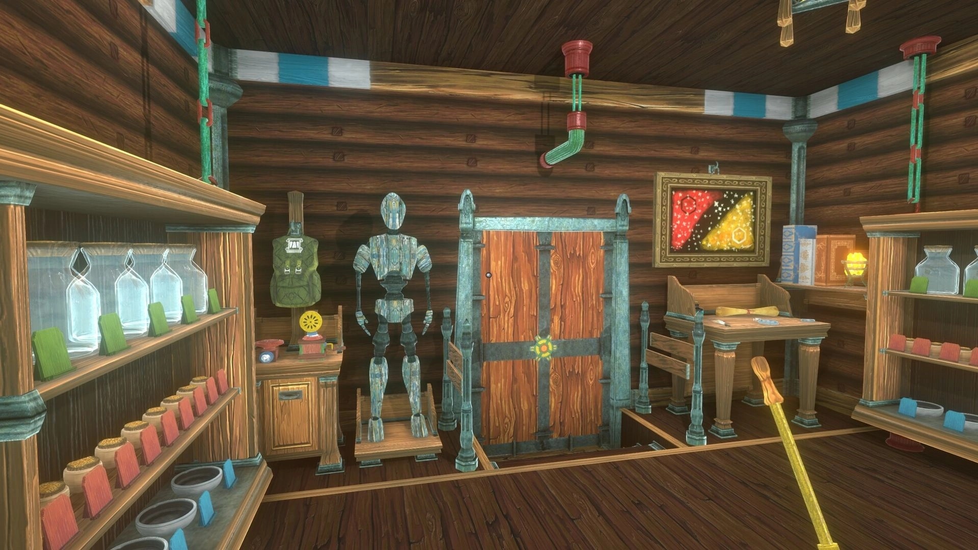 EONIA Revelations: Wooden workshop interior with shelves of jars, a robot figure, and a crafting table.