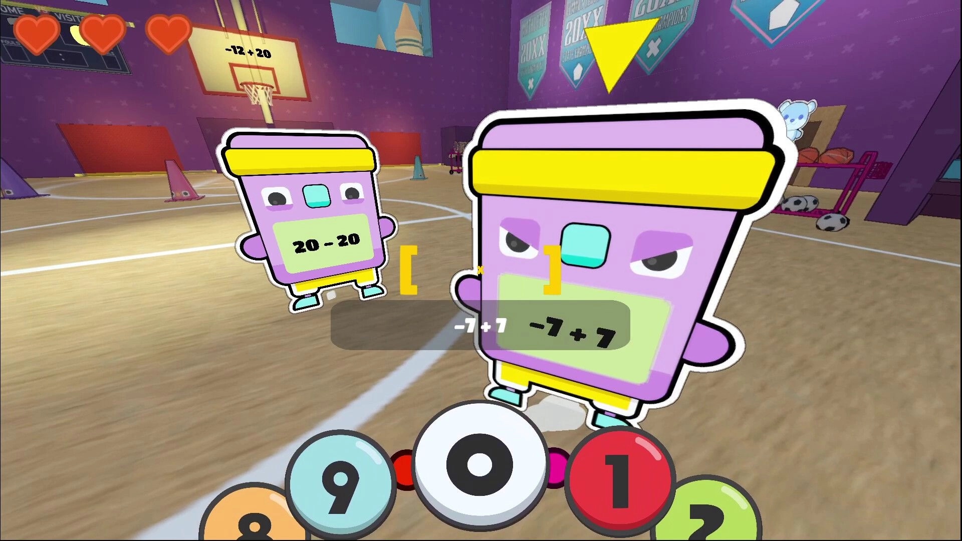 EOPRISM: Player faces calculator creatures in a gym with equations displayed for puzzle-solving.