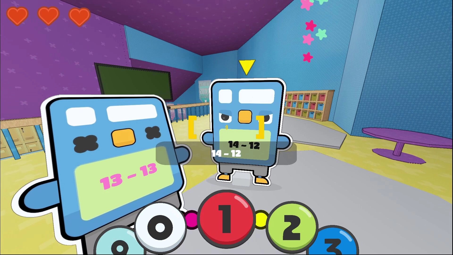 EOPRISM: Calculator creatures with subtraction equations in a colorful room, player health at three hearts