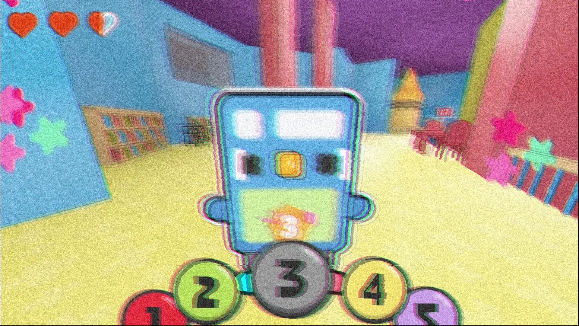 EOPRISM: First-person view in colorful library, solving math puzzle with numbered buttons and hearts UI