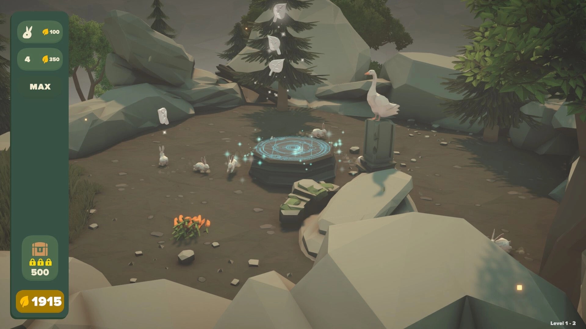 Equiverse: Rabbits and a goose near a glowing portal in a rocky forest clearing with UI elements visible