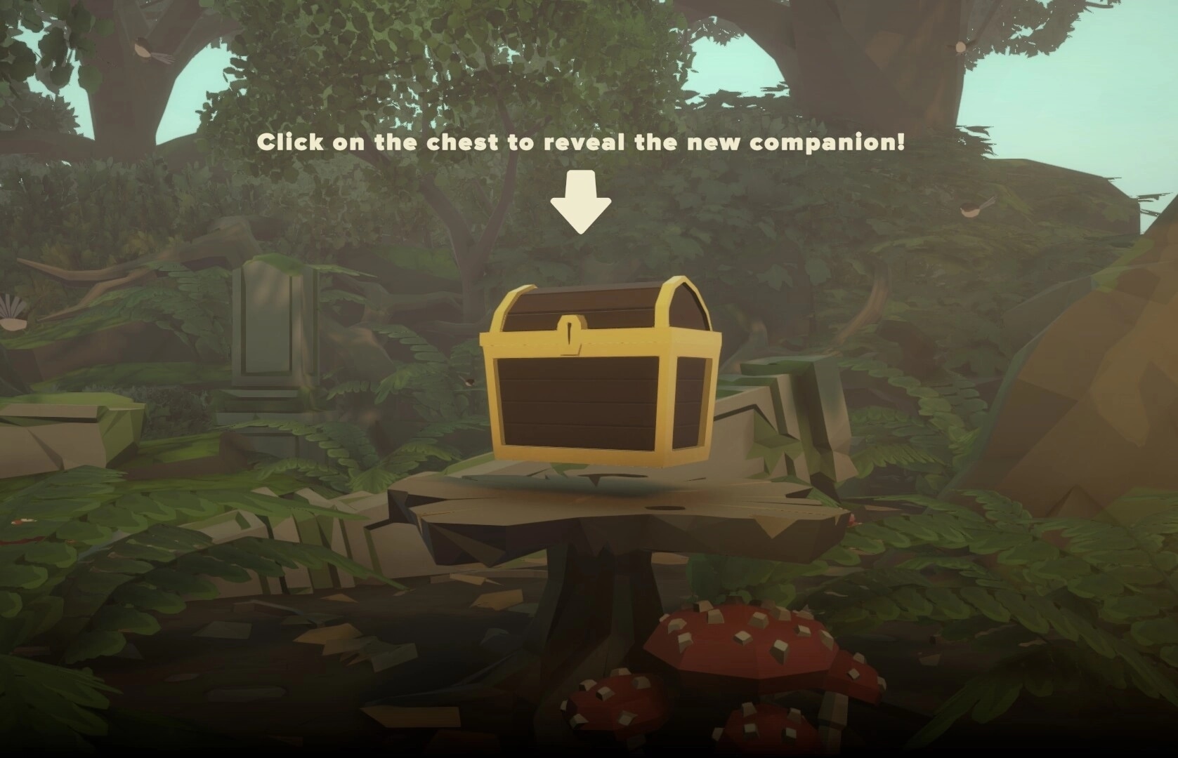 Equiverse: Forest scene with a treasure chest on a stump, prompt to reveal new companion above it.