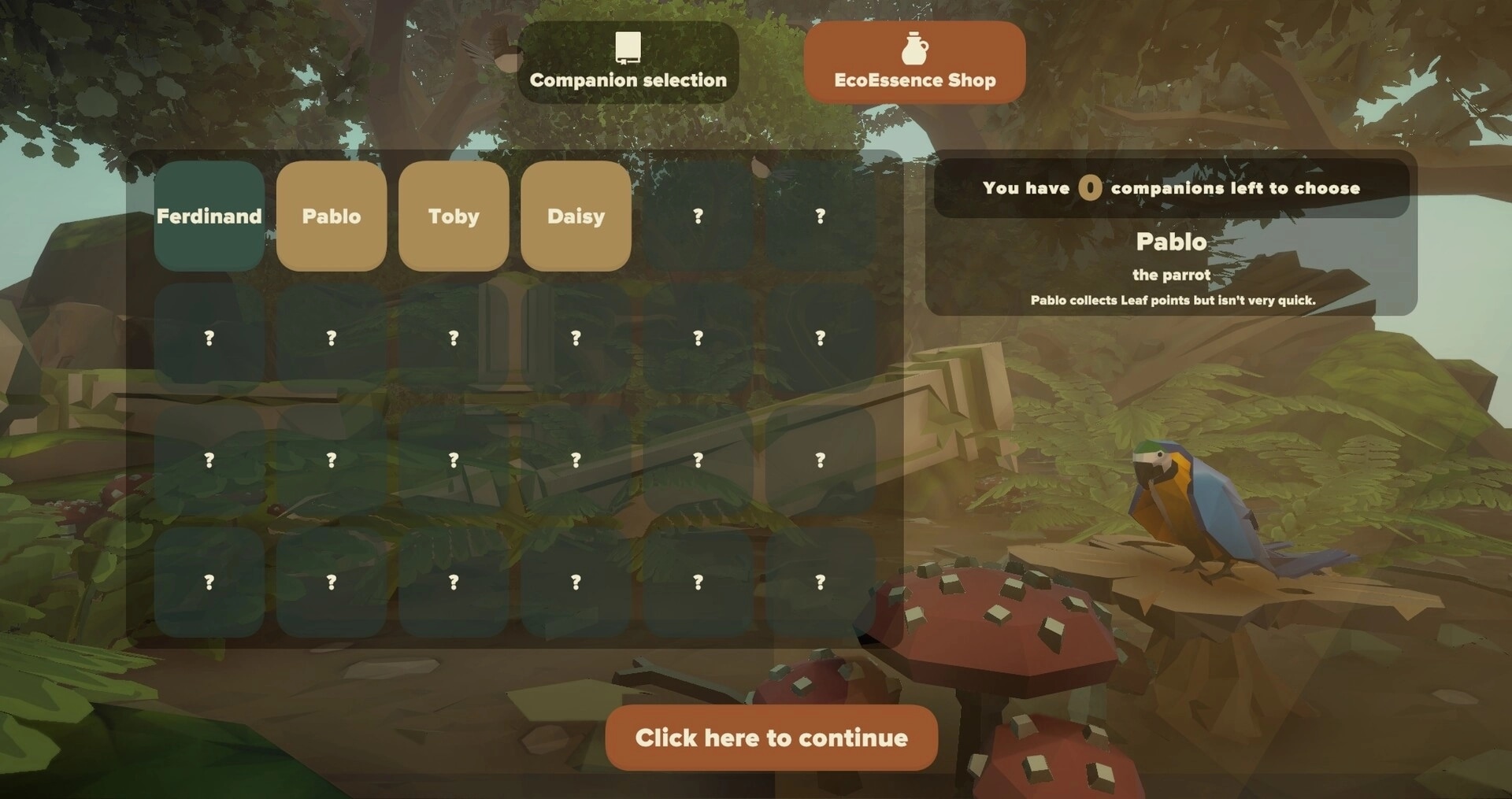 Equiverse: Companion selection screen showing Pablo the parrot in a lush forest environment