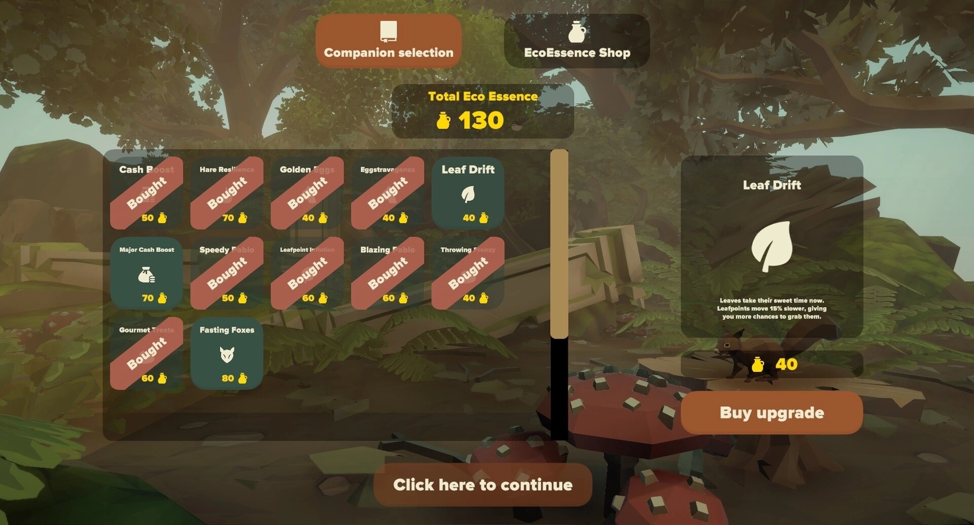 Equiverse: Companion selection and EcoEssence Shop interface in a lush forest setting