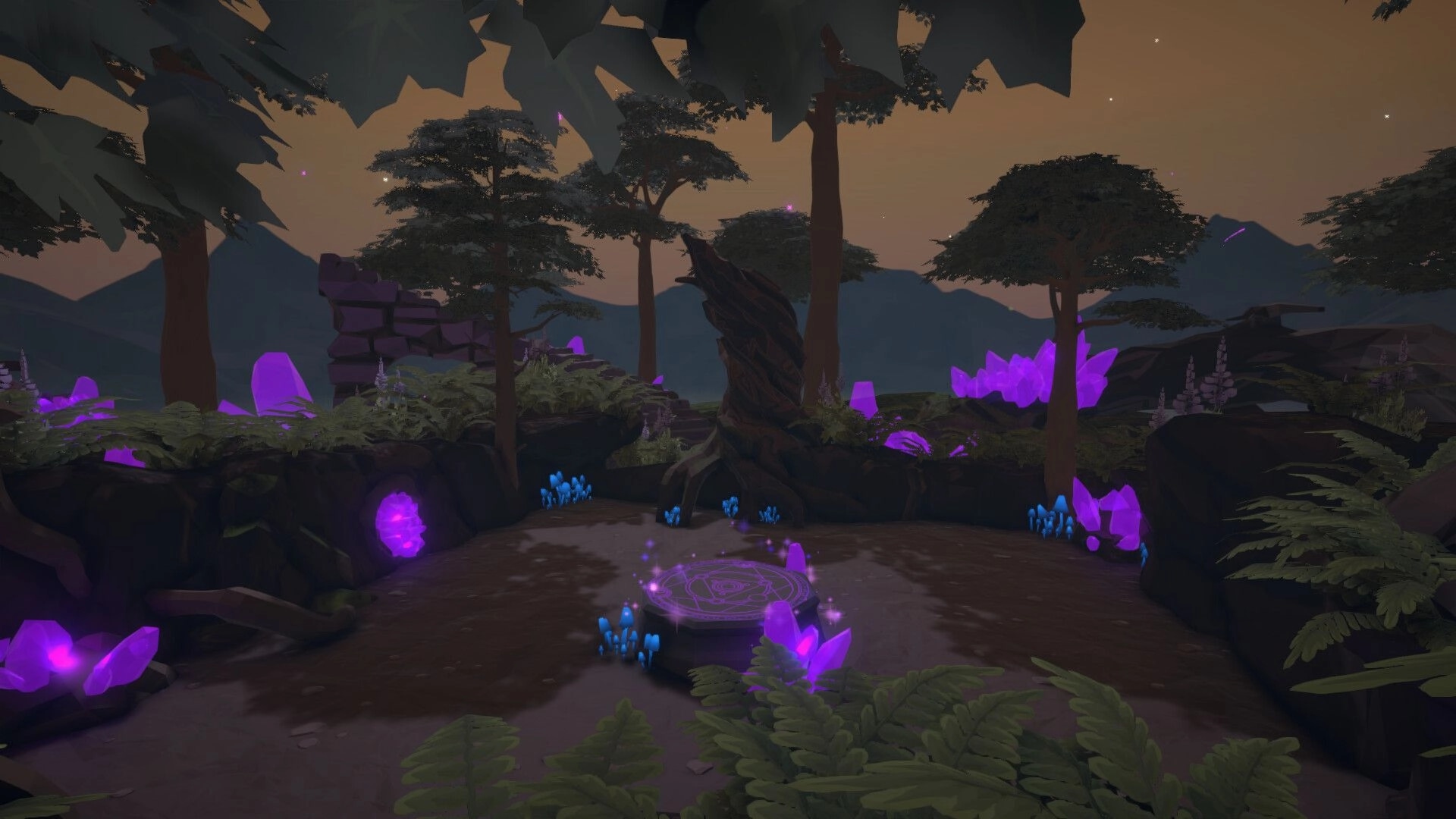 Equiverse: Mystical forest grove with glowing purple crystals and ancient stone circle at dusk