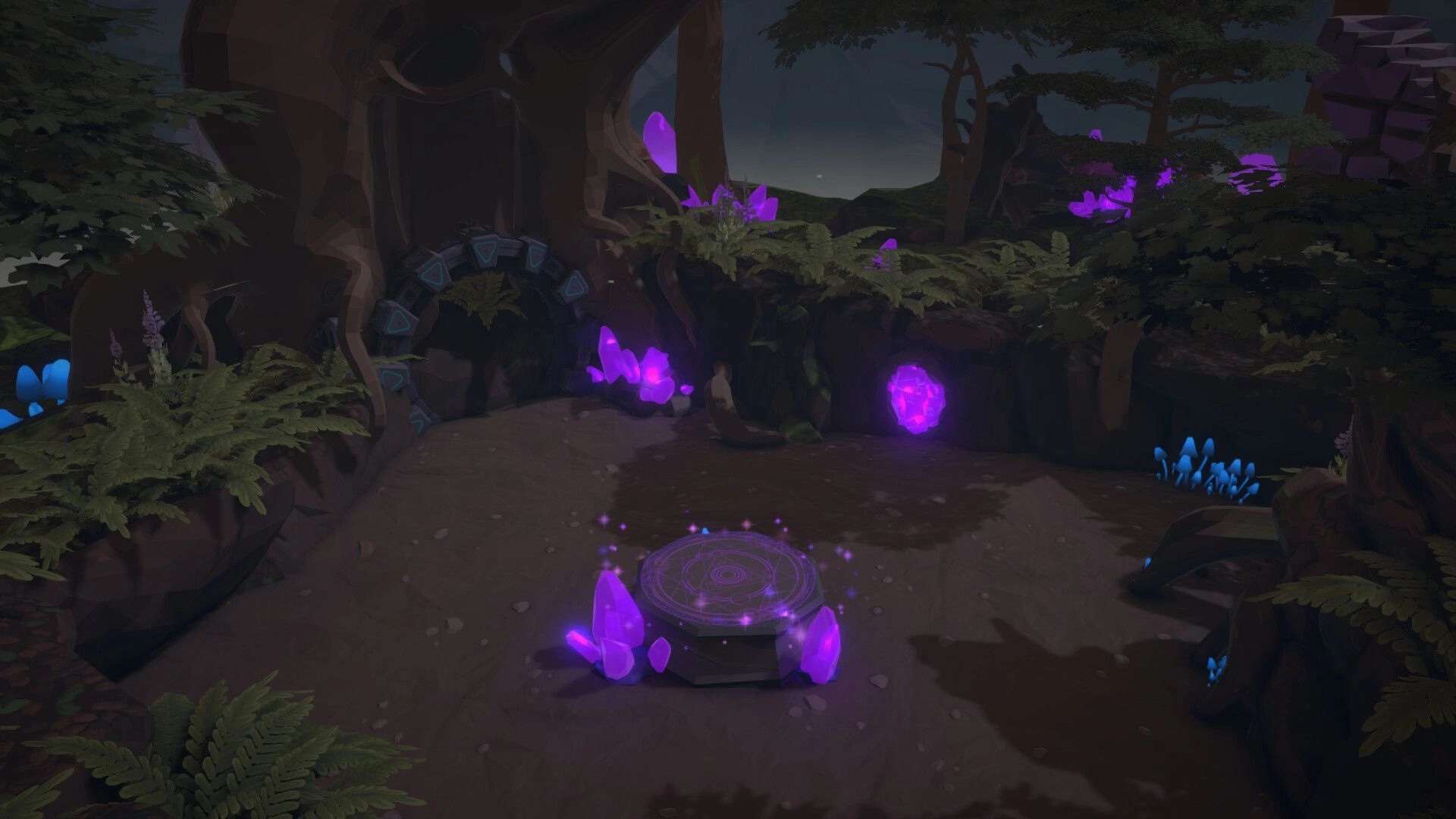 Equiverse: Enchanted forest clearing with glowing purple crystals and large ancient tree