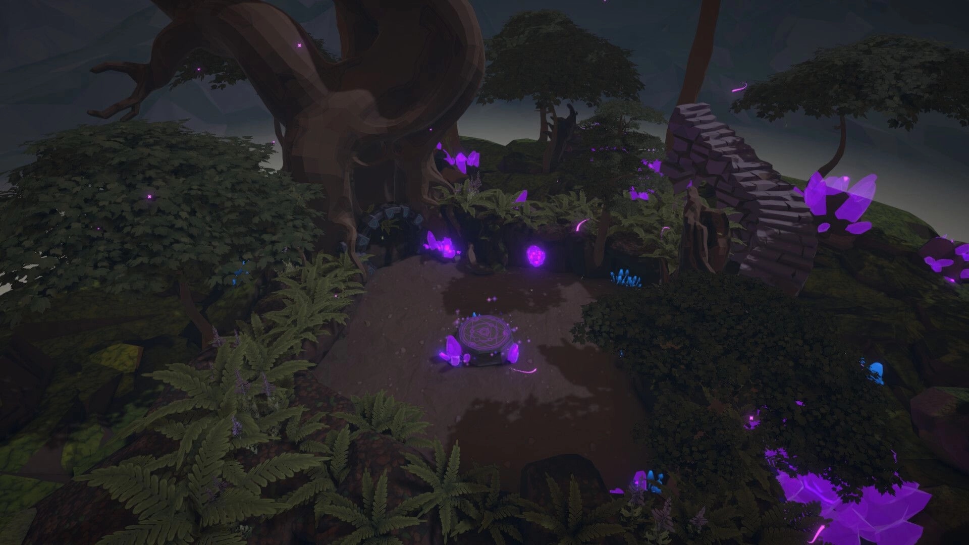 Equiverse: Enchanted forest clearing with glowing purple crystals and ancient stone archway