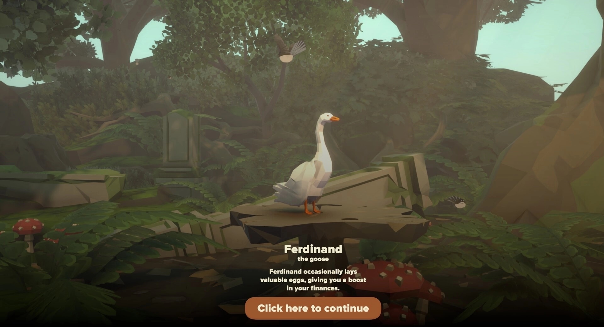 Equiverse: Ferdinand the goose stands on a rock in a lush forest clearing with a bird flying nearby
