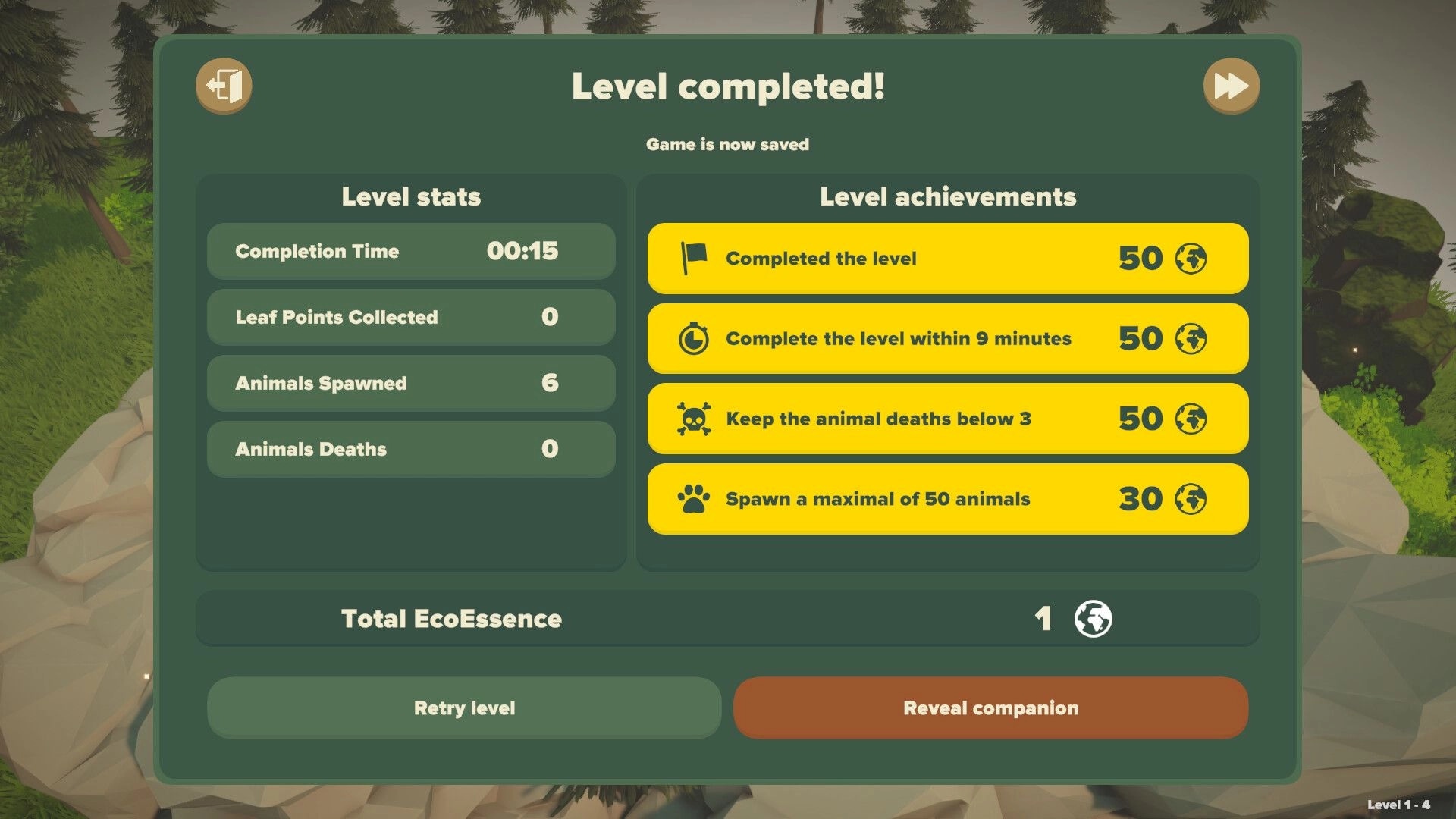 Equiverse: Level completion screen showing stats, achievements, and options to retry or reveal companion.