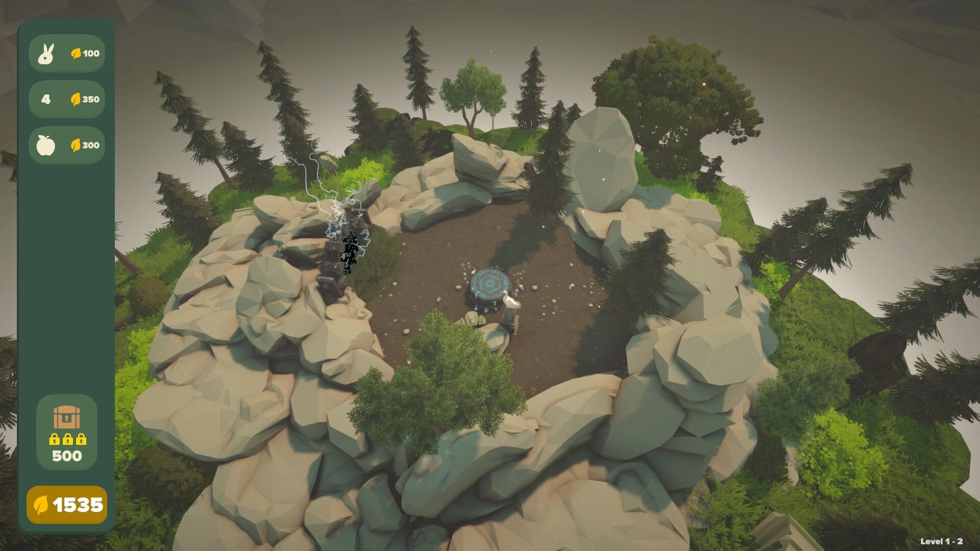 Equiverse: Overhead view of rocky forest clearing with resource menu on left and glowing portal center