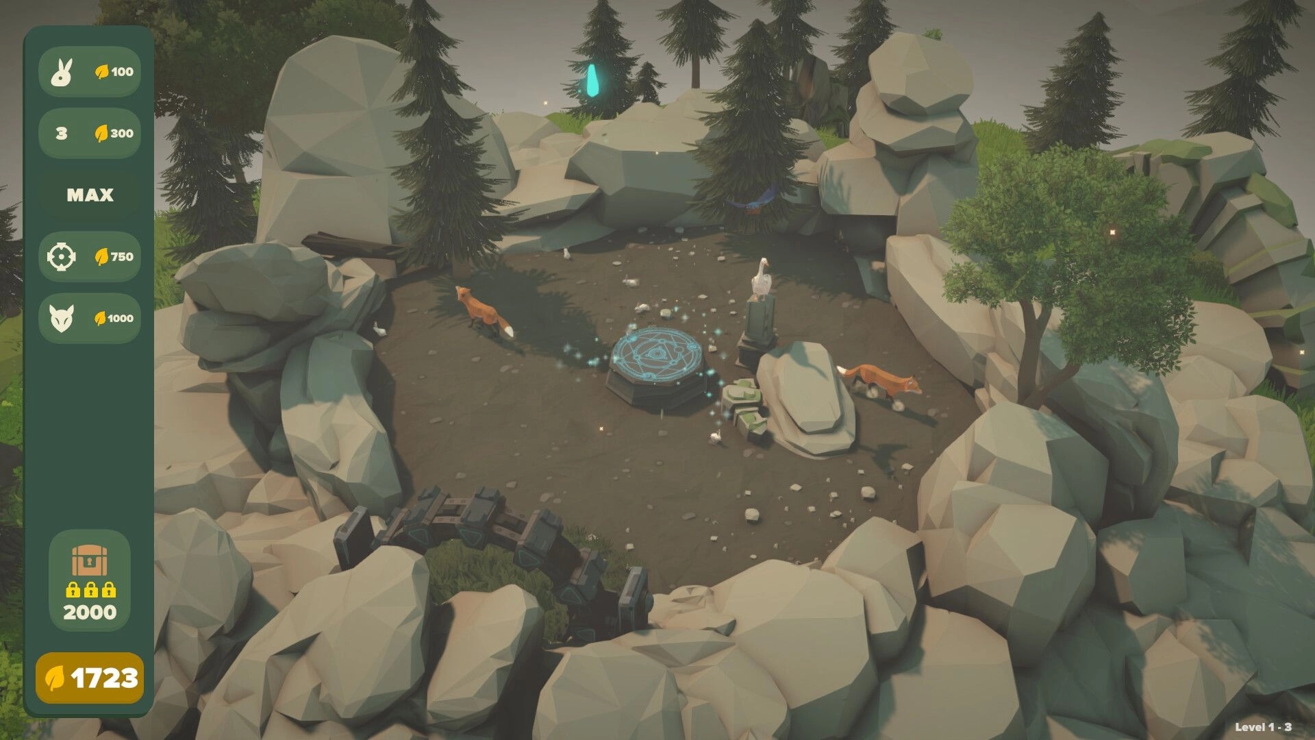 Equiverse: Forest clearing with foxes, magical platform, and resource menu on the left side display