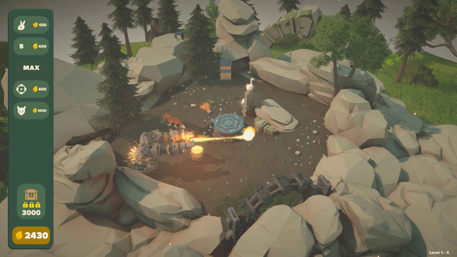 Equiverse: Robot defends forest clearing, shooting fireballs at enemies near resource menu