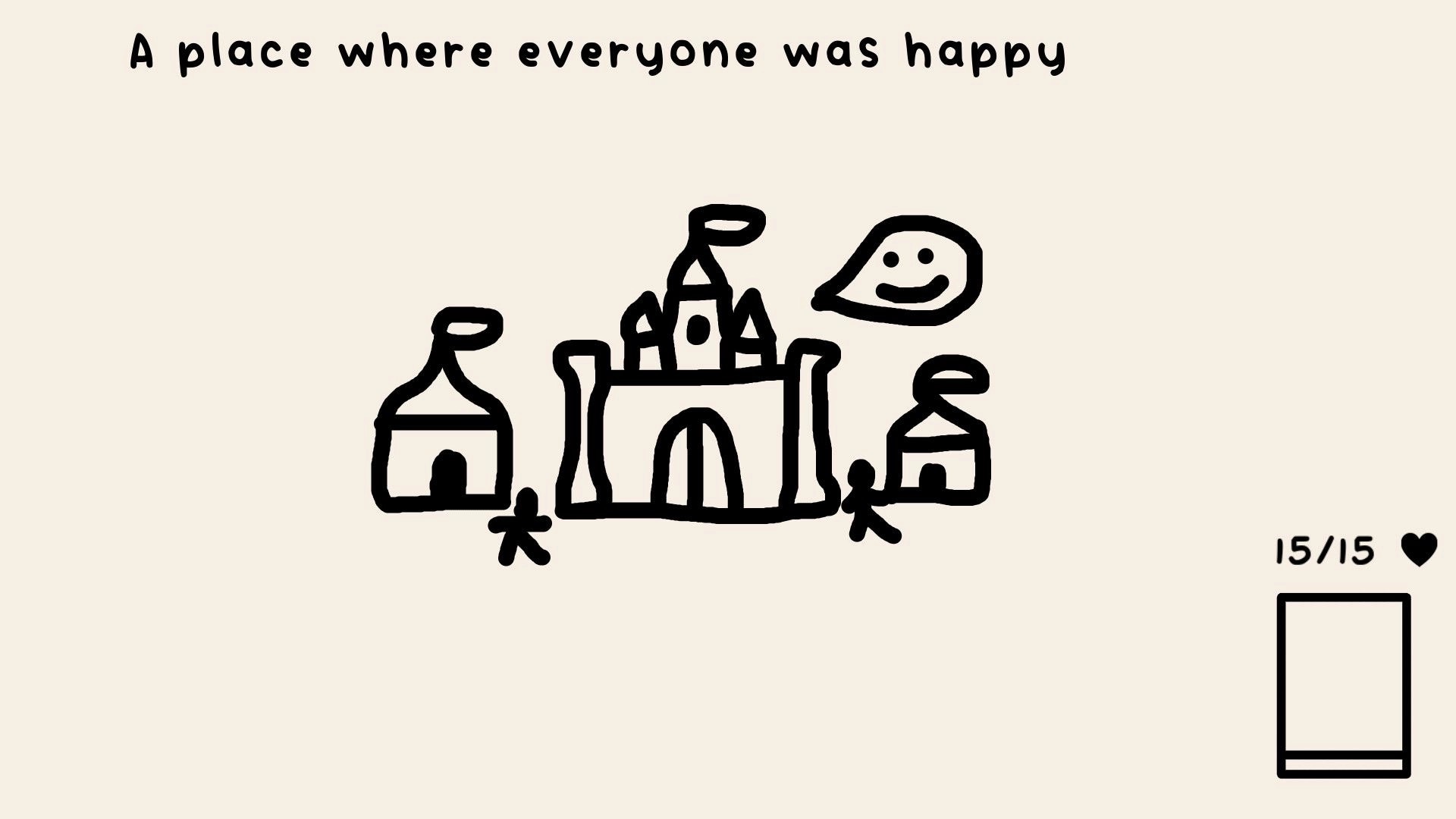 Erase the Deck: Hand-drawn castle with people and a smiling face, health bar 15/15 in corner
