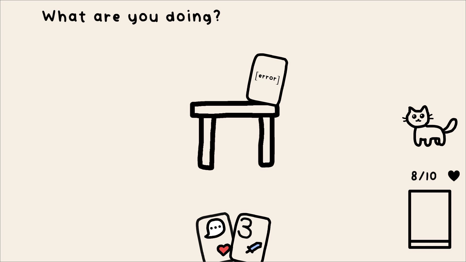 Erase the Deck: Card selection with a question prompt, error chair, and cat icon in minimalist style.