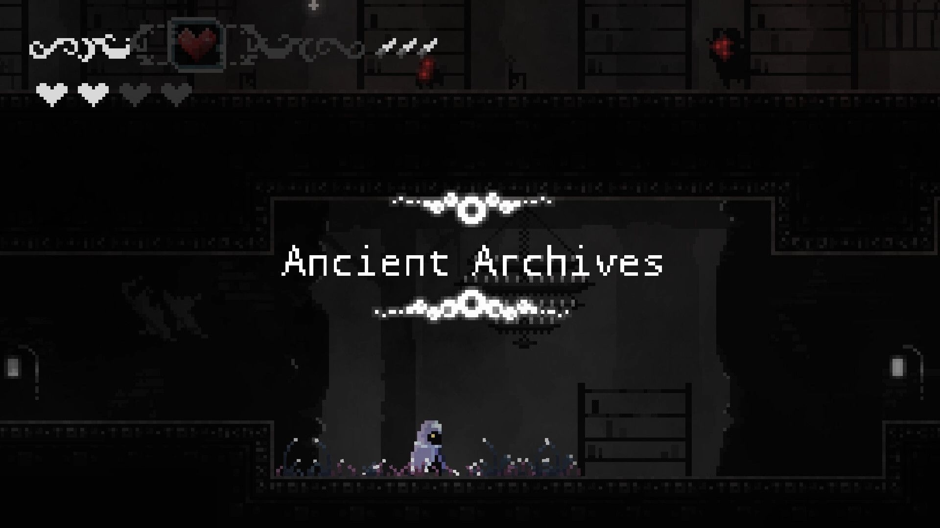 Erebound: Character stands in dark corridor labeled "Ancient Archives" with heart icons on screen.