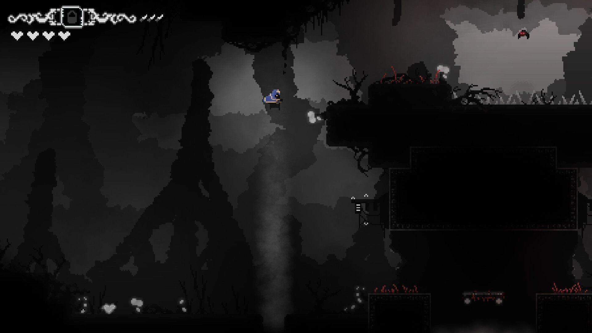 Erebound: Player character jumps across platforms in a dark cavern with enemy lurking above.