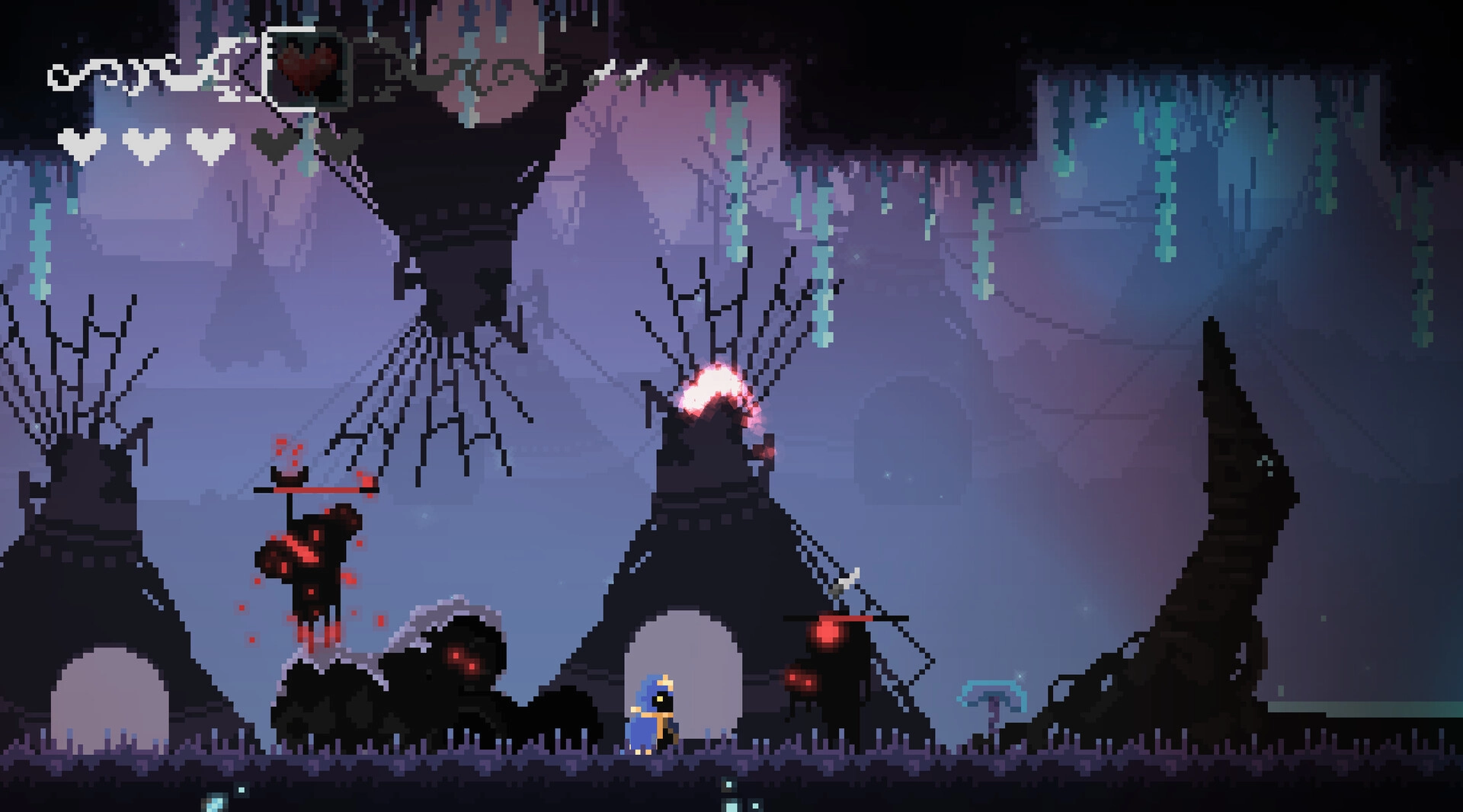 Erebound: Defender battles shadowy creatures in a cavernous environment with glowing totems above.