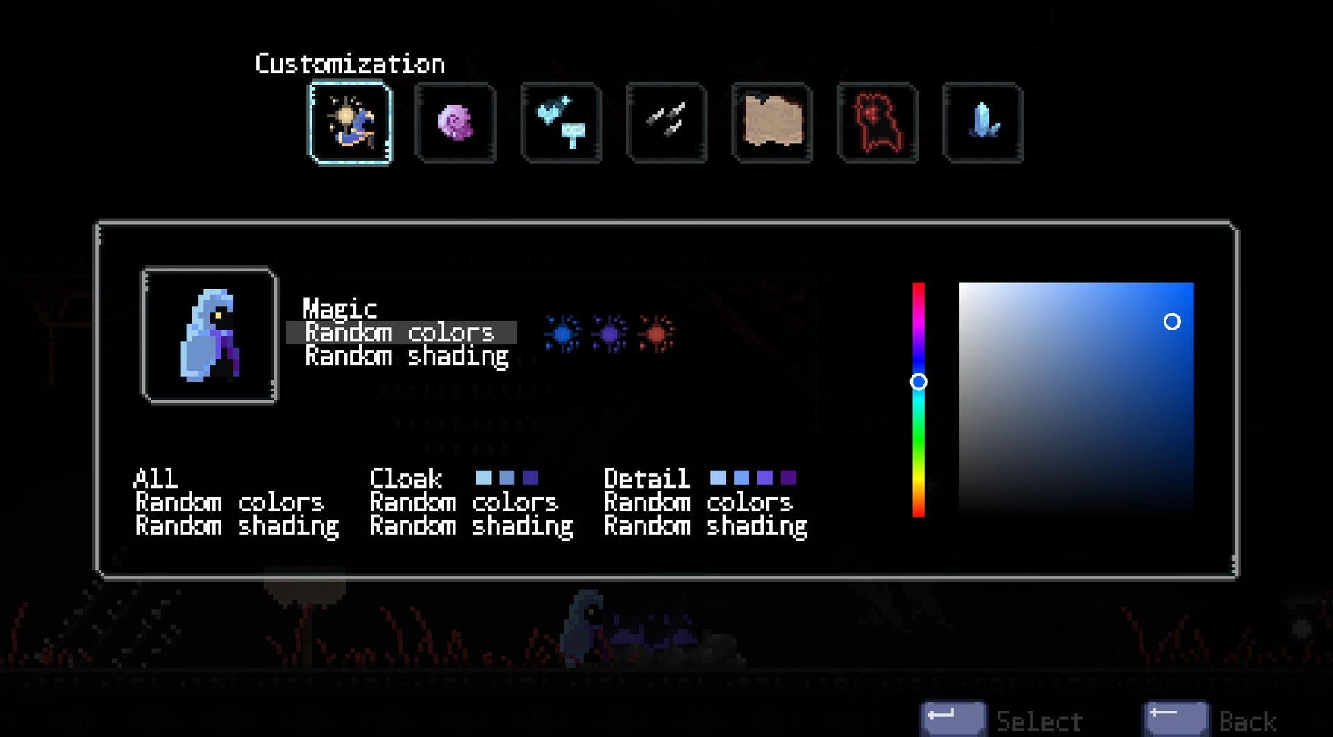 Erebound: Customization screen with color and shading options for character's cloak and magic abilities.